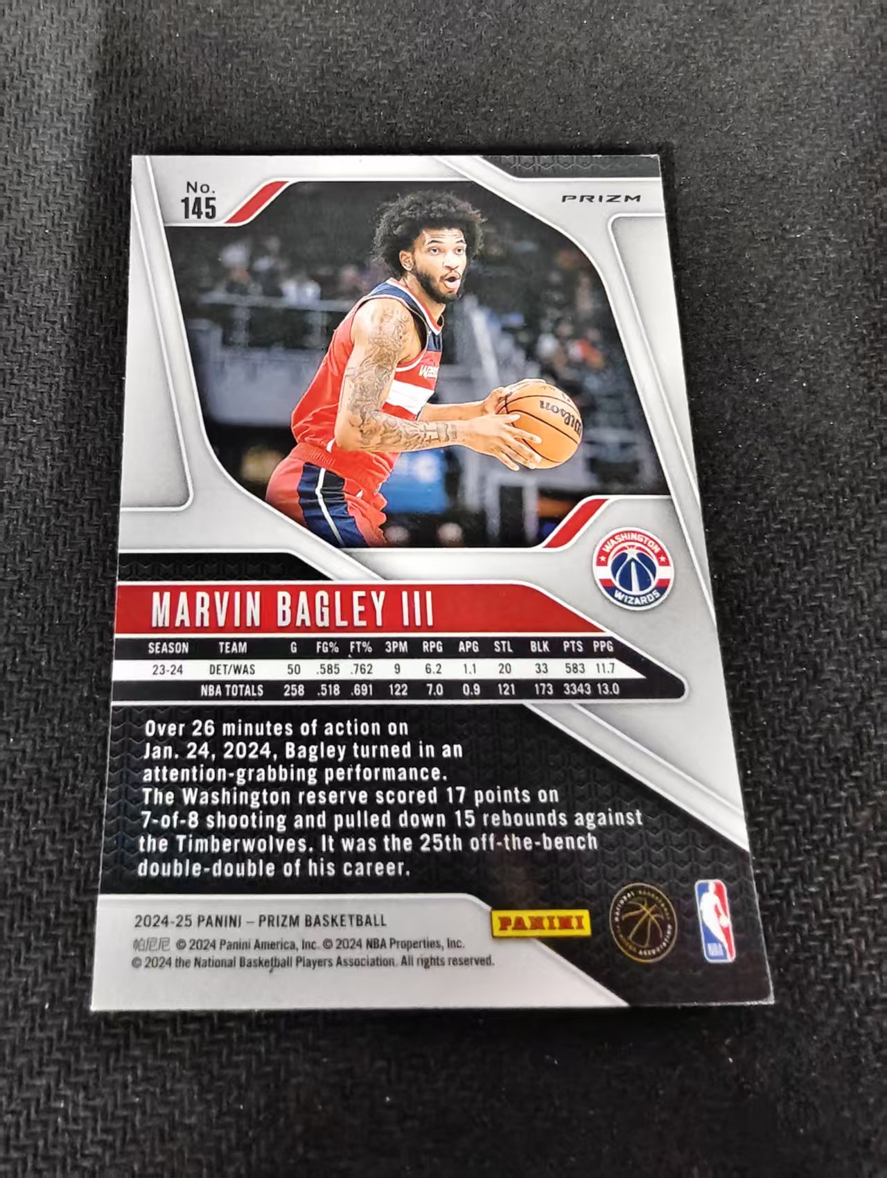 2024-25 Panini Prizm Marvin Bagley III 马文 奇才 巴克利 绿碎冰 PZ 划痕 边角瑕疵 #145