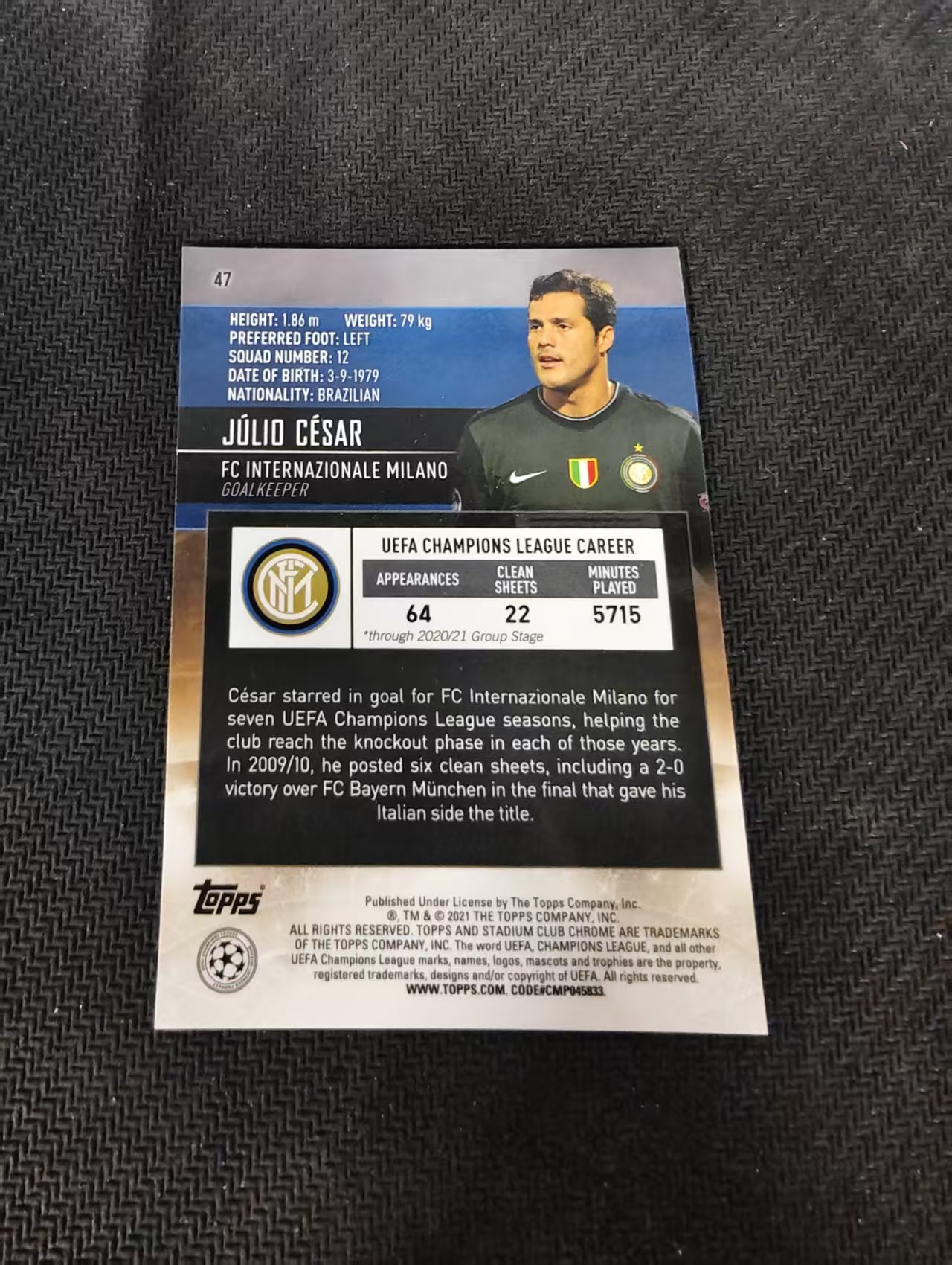 【可合并,不累计】2021 Topps Stadium Club Chrome Julio Cesar 国际米兰 胡里奥 塞萨尔 竞技场 欧冠 划痕 边角瑕疵 #47