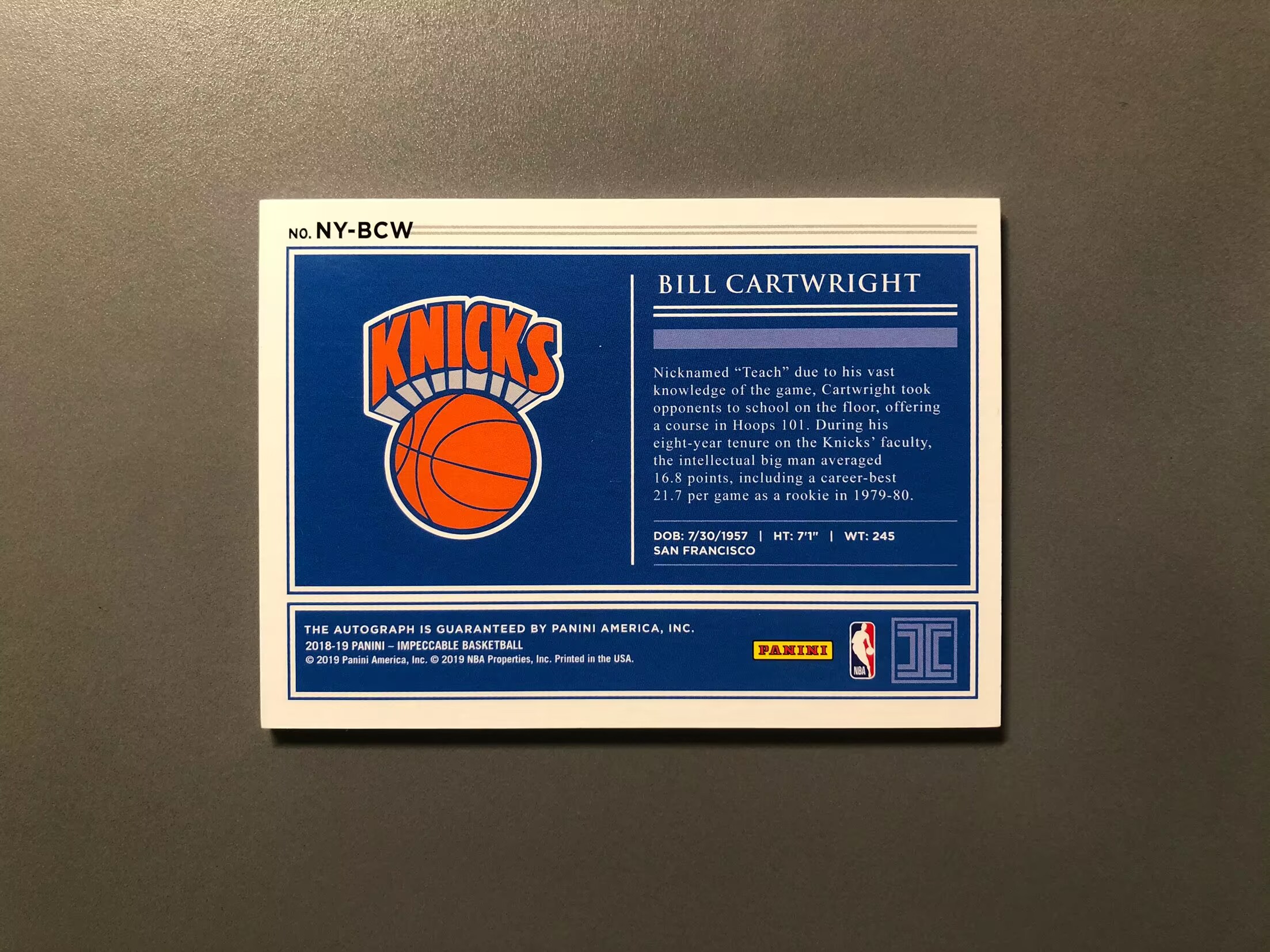 2018-19 Panini Impeccable Bill Cartwright 比尔·卡特赖特 尼克斯 签字 卡签 99编 实卡好看 卡品如图 可累计 QL028【诚接代卖】