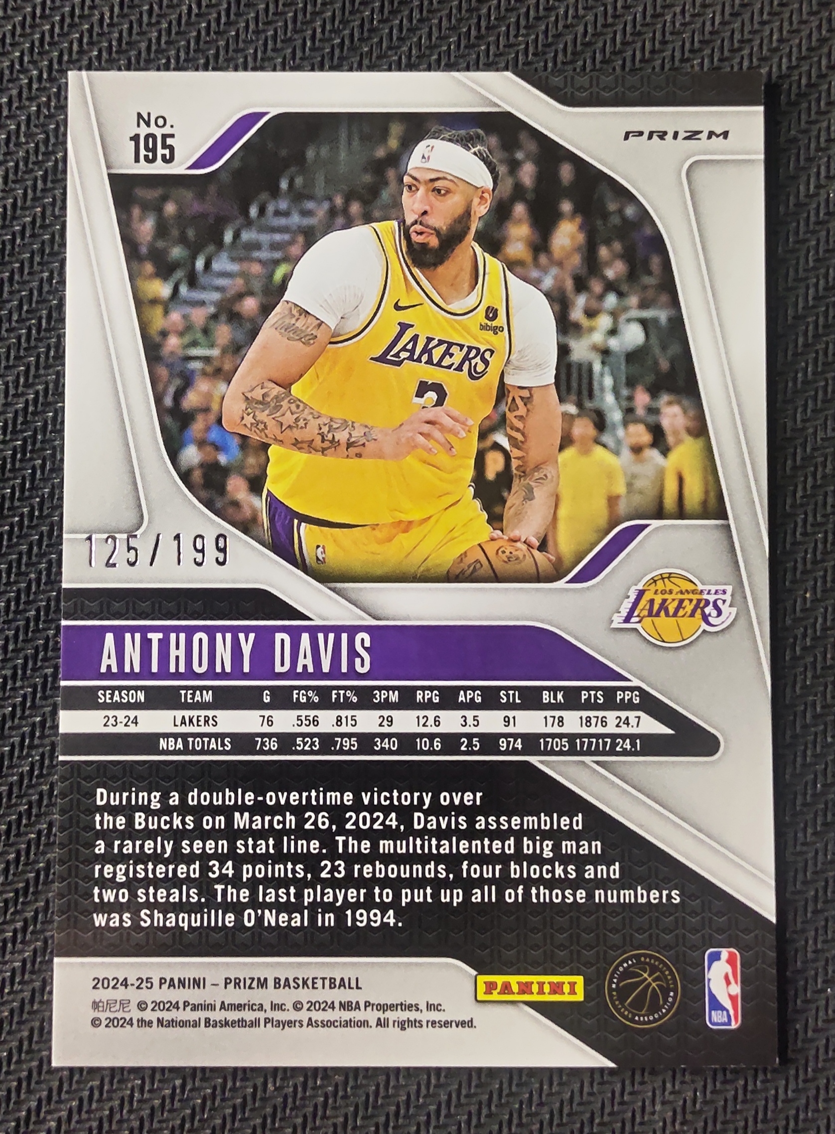 2024-25 Panini Prizm Anthony Davis 安东尼 戴维斯 湖人 浓眉 PZ 蓝折 折射 125/199编 瑕疵如图