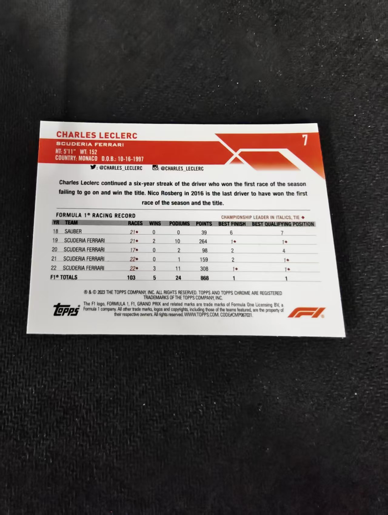2023 Topps Chrome F1 Charles Leclerc 勒克莱尔 乐扣 法拉利 划痕 边角瑕疵 #7
