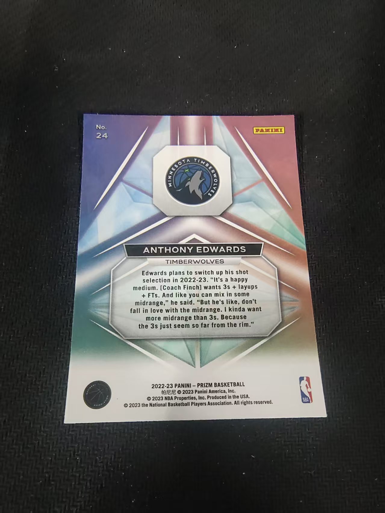【可合并,不累计】2022-23 Panini Prizm Anthony Edwards 森林狼 华子 安东尼 爱德华兹 棱镜特卡 PZ 划痕 边角微瑕 介意勿拍 #24