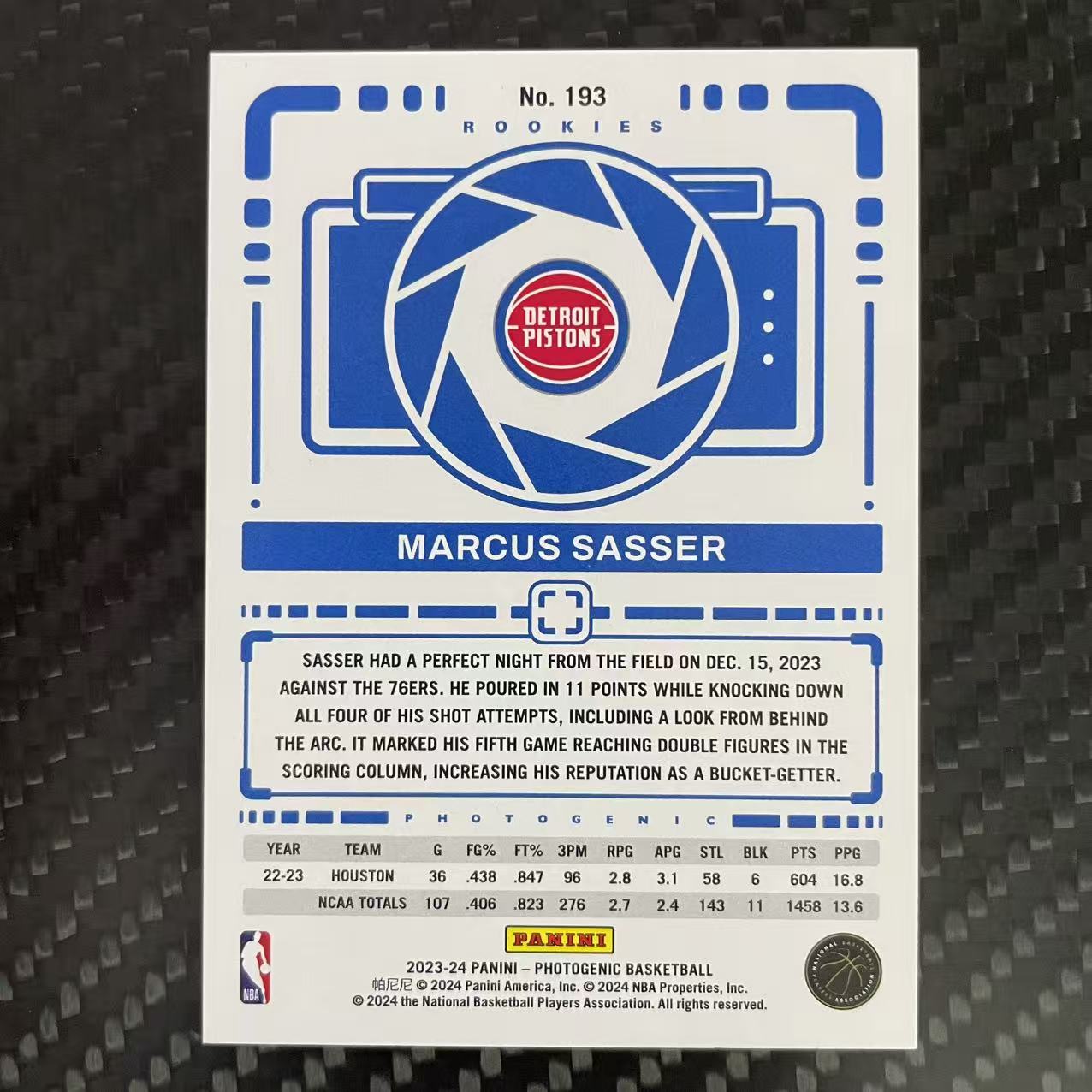 2023-24 Panini Photogenic Marcus Sasser RC 【杰克森拍卖】马库斯 萨瑟 活塞 新秀 75编 碎冰折 雕哥