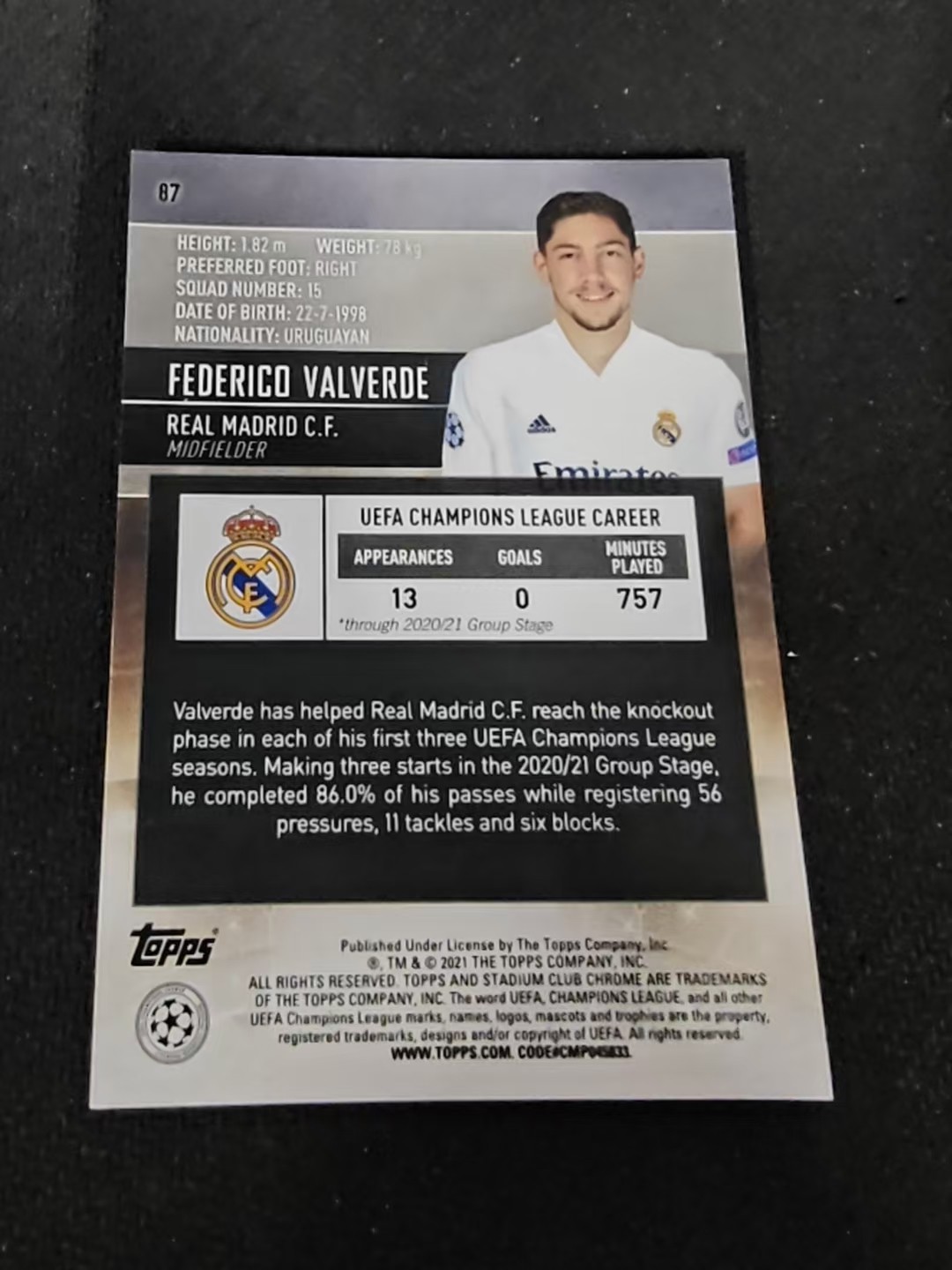 【可合并,不累计】2021 Topps Stadium Club Chrome Federico Valverde 皇马 巴尔维德 竞技场 欧冠 划痕 边角瑕疵 #87