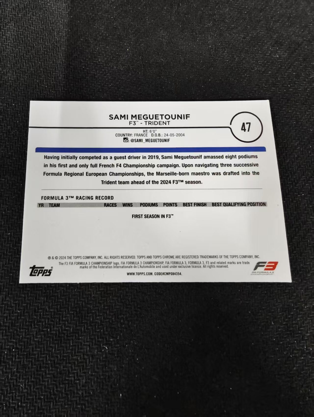 2024 Topps Chrome F1 sami meguetounif 萨米 梅格通尼 F3 划痕 边角瑕疵 #47