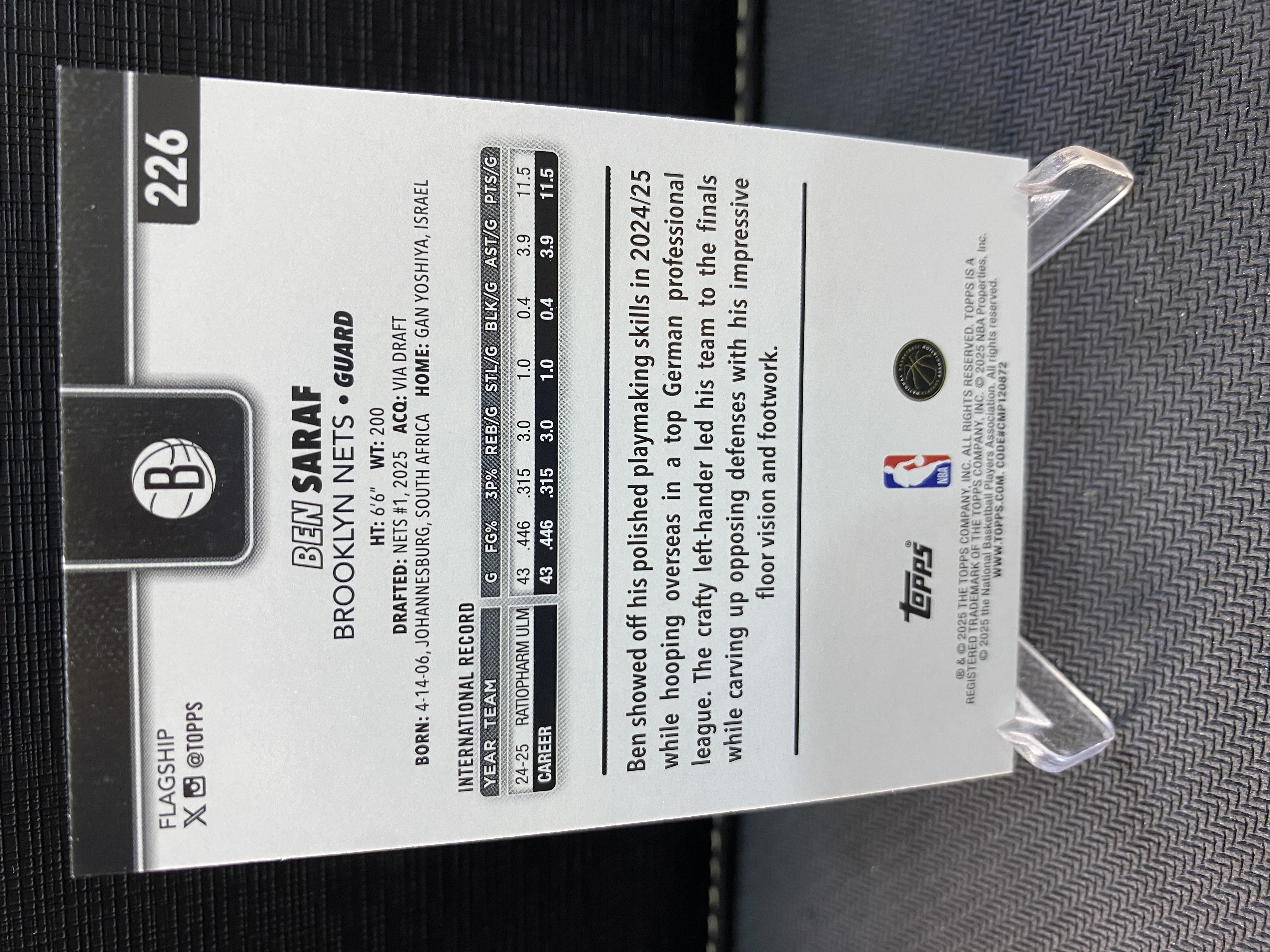 2025-26 Topps flagship Ben Saraf RC 新秀 篮网 本 萨拉夫 折射 蓝闪折 蓝折 topps元年 收藏必备 卡品如图 -Zle-【乌苏拍卖】