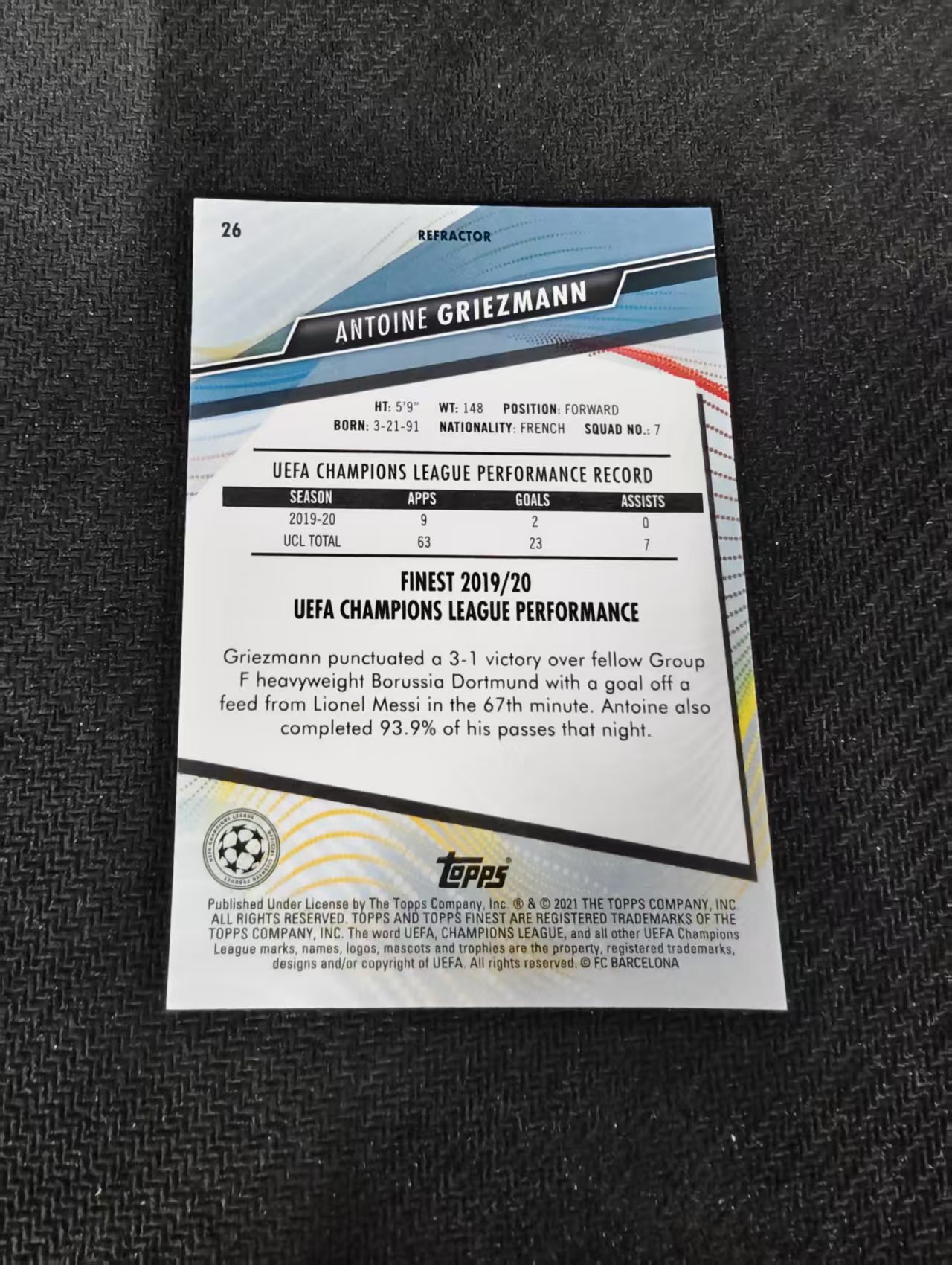 【可合并,不累计】2021 Topps Finest Antoine Griezmann 欧冠 格列兹曼 巴萨 巴塞罗那 欧冠 银折 划痕 边角瑕疵 #26