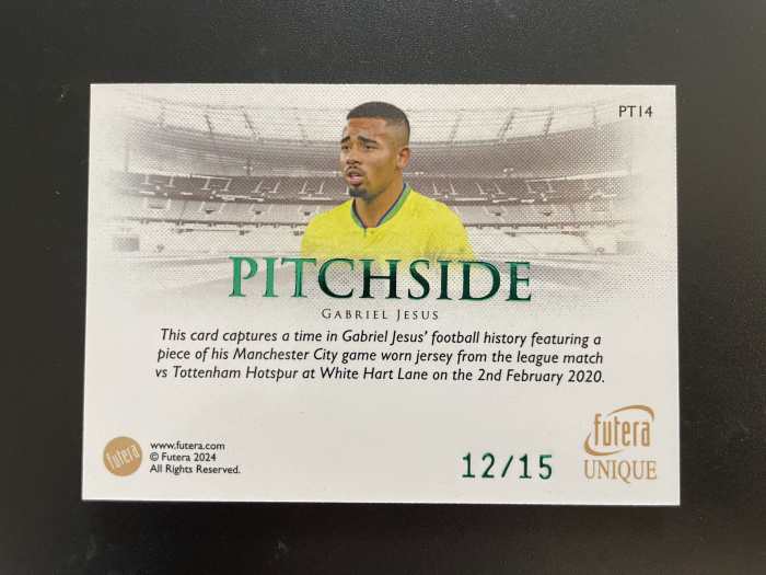 2024 Futera Futera Unique Gabriel Jesus 【hellfire拍卖】福特拉 巴西 阿森纳 曼城 热苏斯 15编pitch side球衣实物卡 zzz