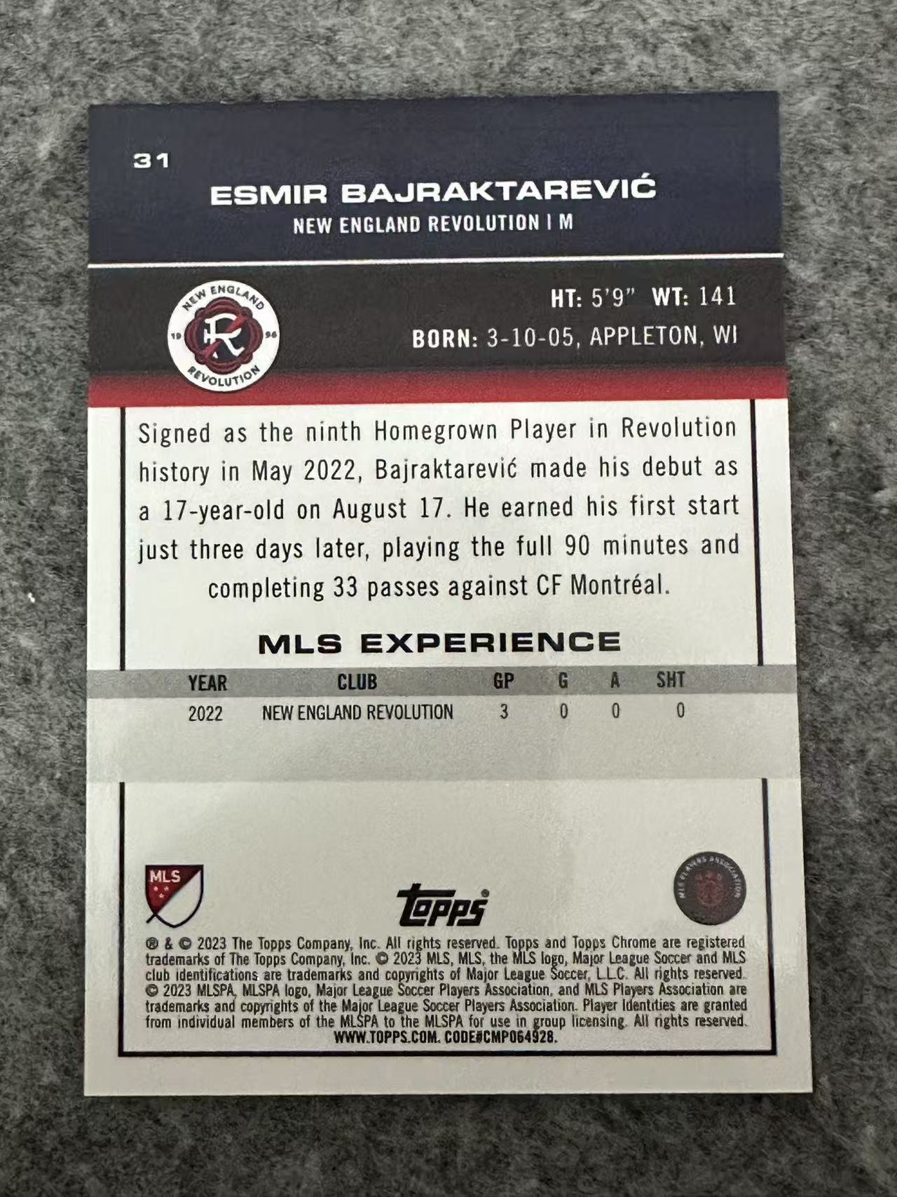 2023-24 Topps MLS Chrome bajraktarevic RC 美职联 美国usa Esmir 巴伊拉克塔雷维奇 新秀 新英格兰革命埃因霍温 蓝折 低编 /199编 佩皮