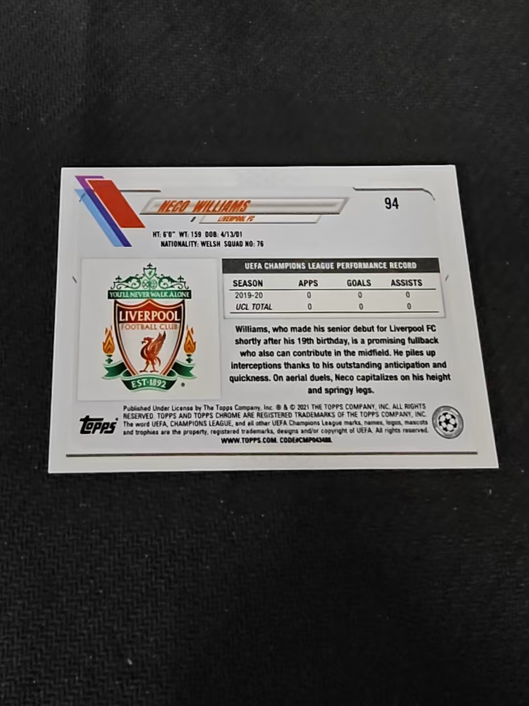 【可合并,不累计】 2021 Topps Chrome Neco Williams RC 内科 威廉姆斯 新秀 利物浦 欧冠 碎花折 碎点折 划痕 边角瑕疵 #94