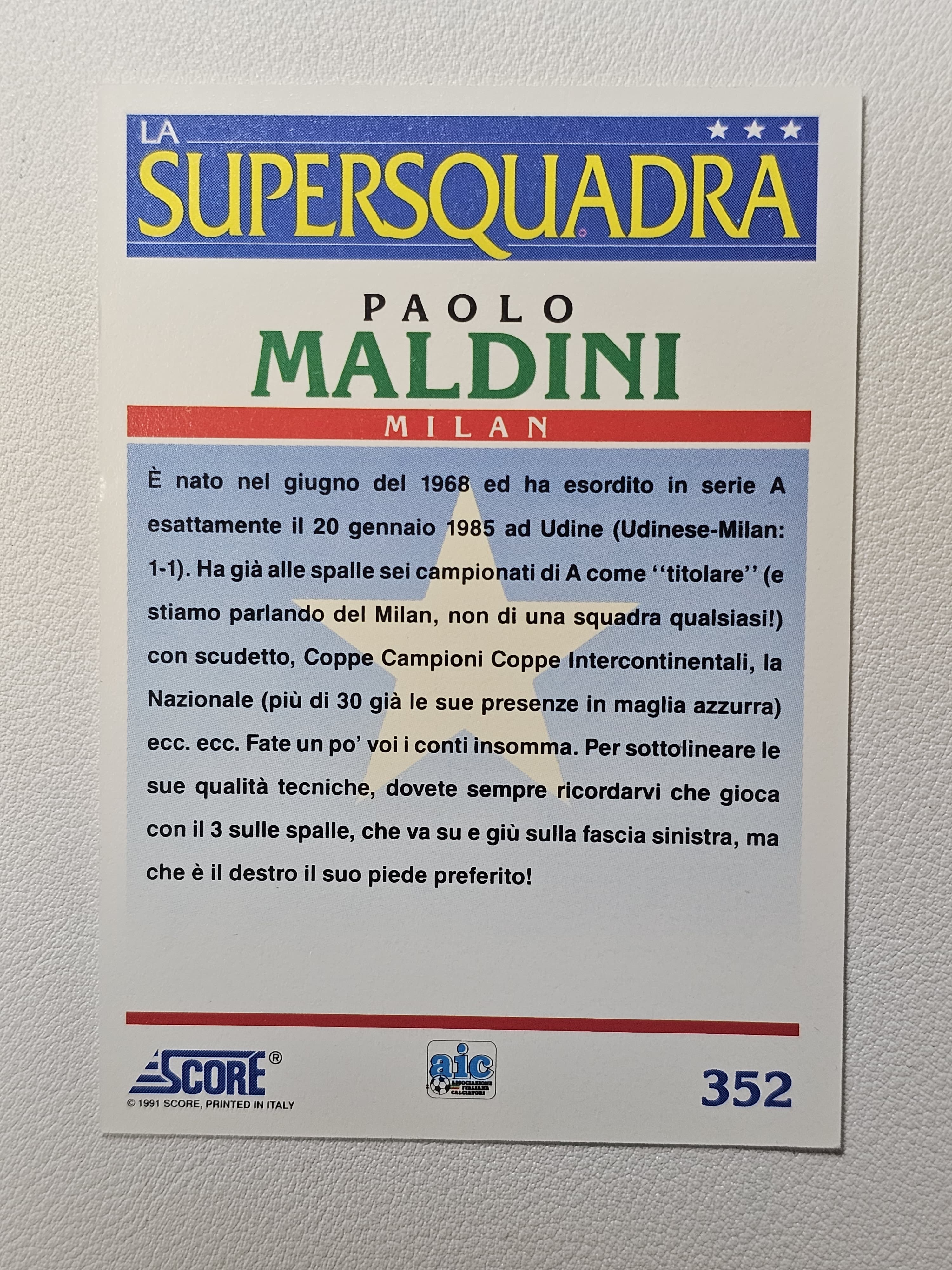 【天秤座拍卖到卡预付85%】1991 Score Paolo maldini 保罗 马尔蒂尼 马队 AC米兰 手绘 漫画 经典老特 卡品如图 实卡好看 收藏必备※小C