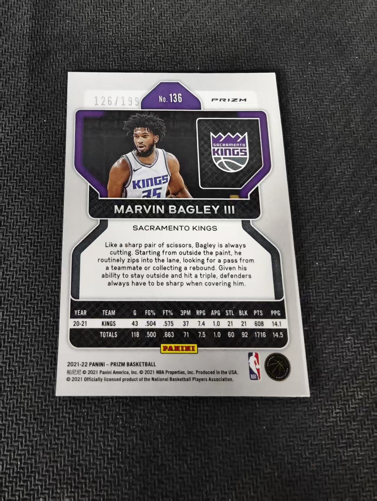 【可合并,不累计】2021-22 Panini Prizm Marvin Bagley III 马文 巴格利 国王 PZ 蓝折 199编 瑕疵如图