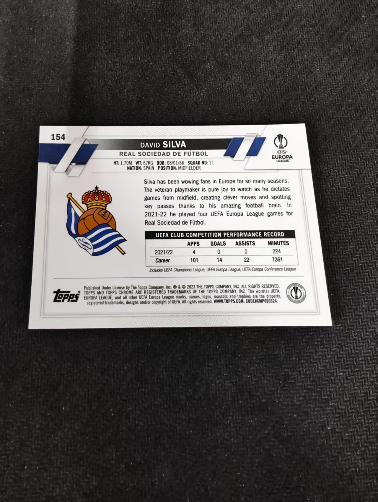 【可合并,不累计】2023 Topps Chrome David Silva 大卫 席尔瓦 皇家社会 蓝宝石 欧冠 碎冰折 划痕 边角瑕疵 #154