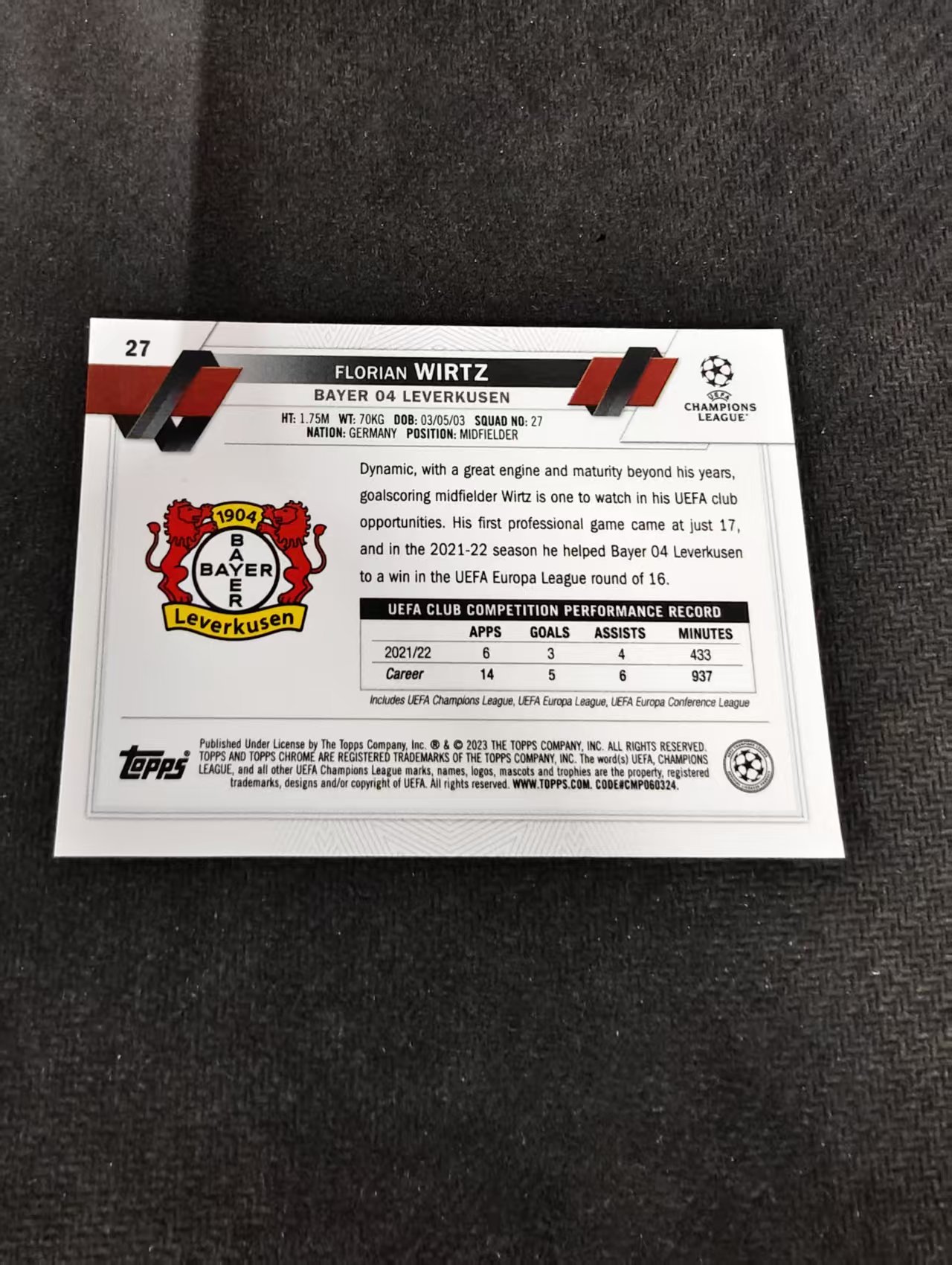 【可合并,不累计】2023 topps Chrome Florian Wirtz 欧冠 蓝宝石 勒沃库森 弗洛里安 维尔茨 蓝碎冰折 划痕 边角瑕疵 #27