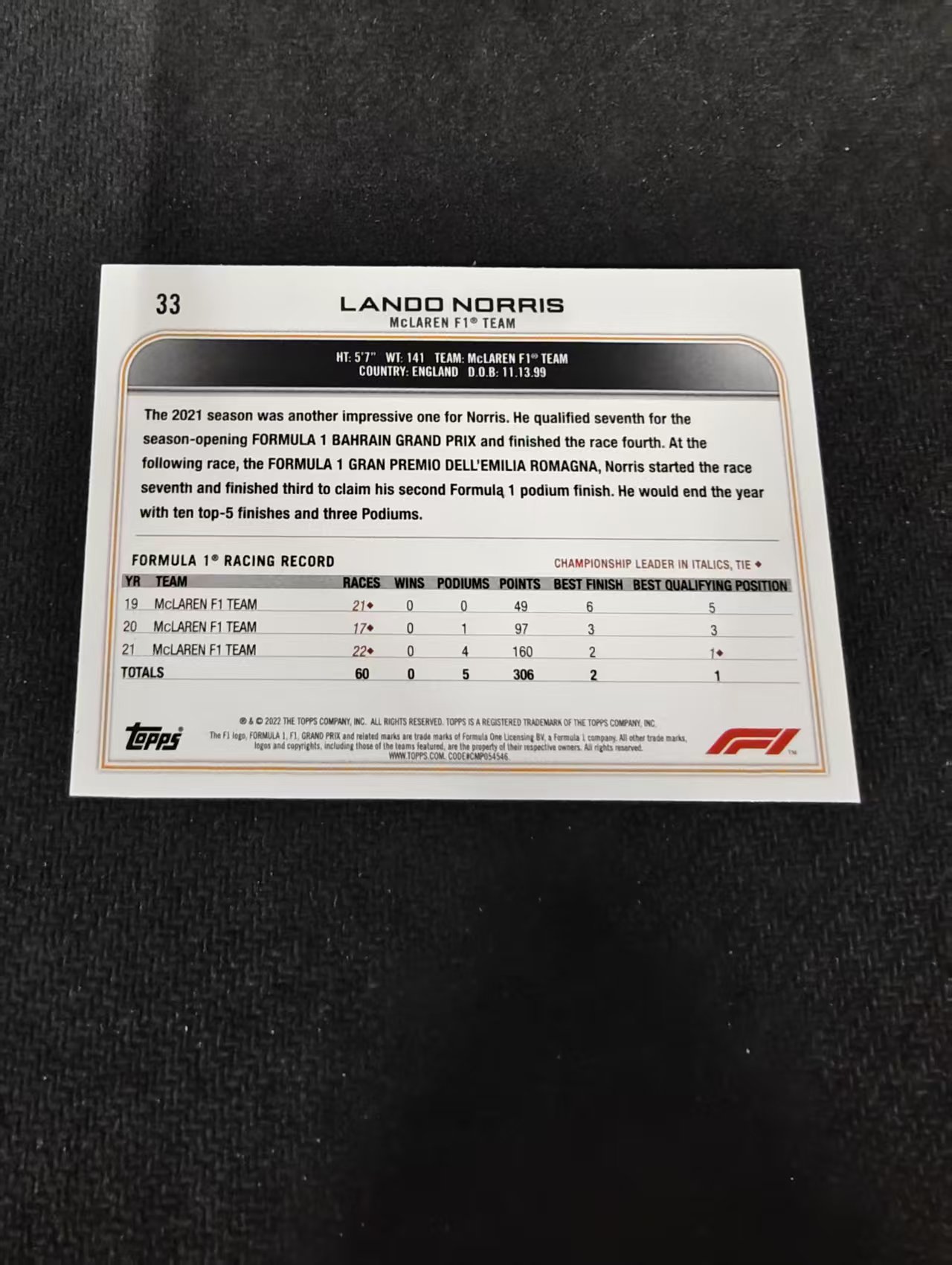 2022 Topps Chrome F1 Lando Norris 兰多 诺里斯 迈凯伦车队 划痕 边角瑕疵 @33