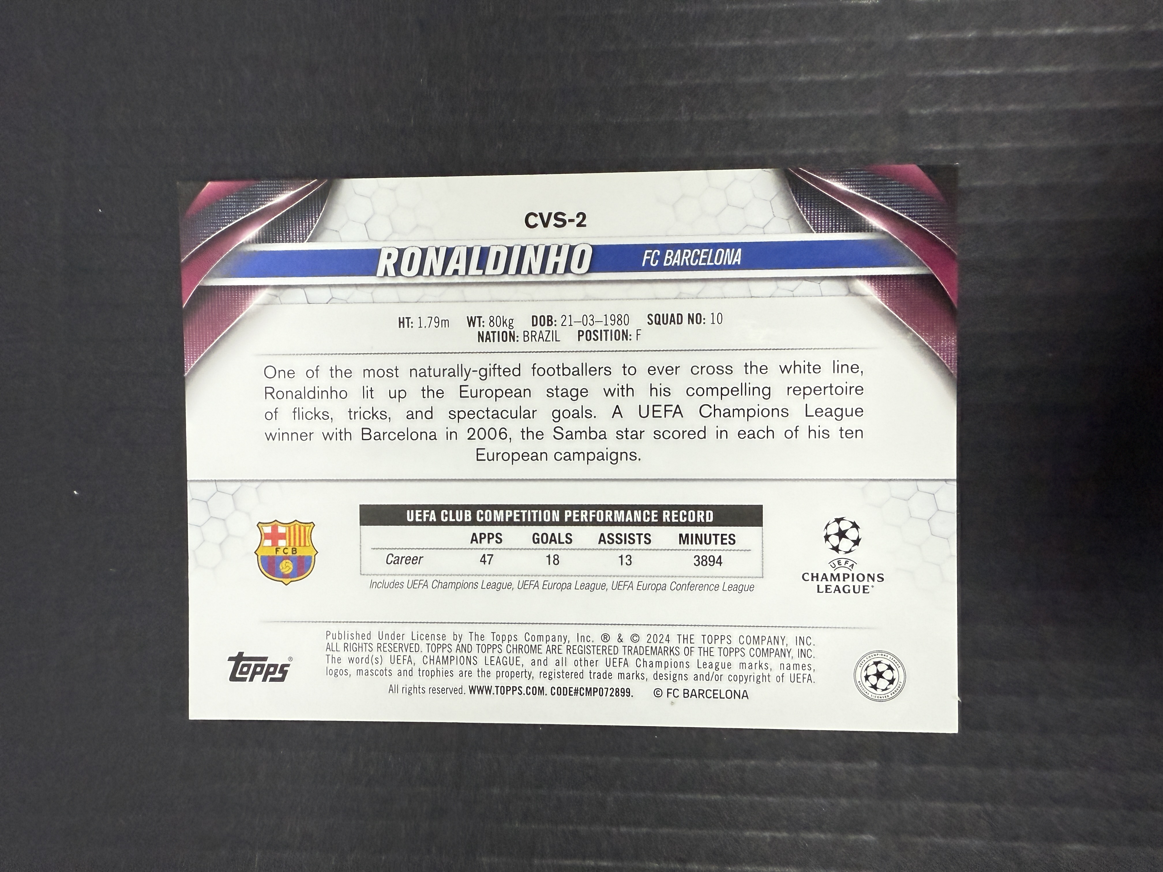 【GOAT山羊拍卖】D哥 2023-24赛季 topps chrome ucc欧战系列 罗纳尔迪尼奥 小罗 蓝碎冰折庆祝捧杯特卡 大比例 少见 巴萨 品相如图