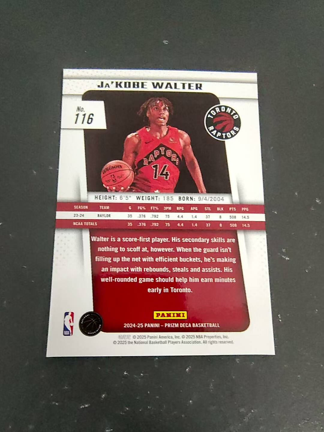 【可合并,不累计】2024-25 Panini Prizm Deca Ja'Kobe Walter 复刻元年PZ 新秀RC 贾科比 沃尔特 猛龙 划痕 边角瑕疵 #116