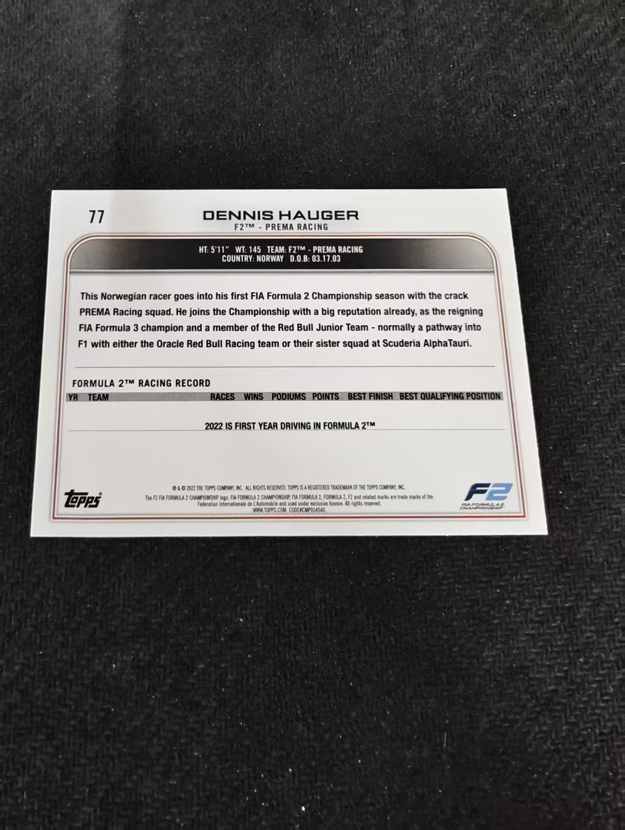 2022 Topps Chrome F1 Dennis Hauger 丹尼斯 豪格 F2 黑白棋盘 划痕 边角瑕疵@77