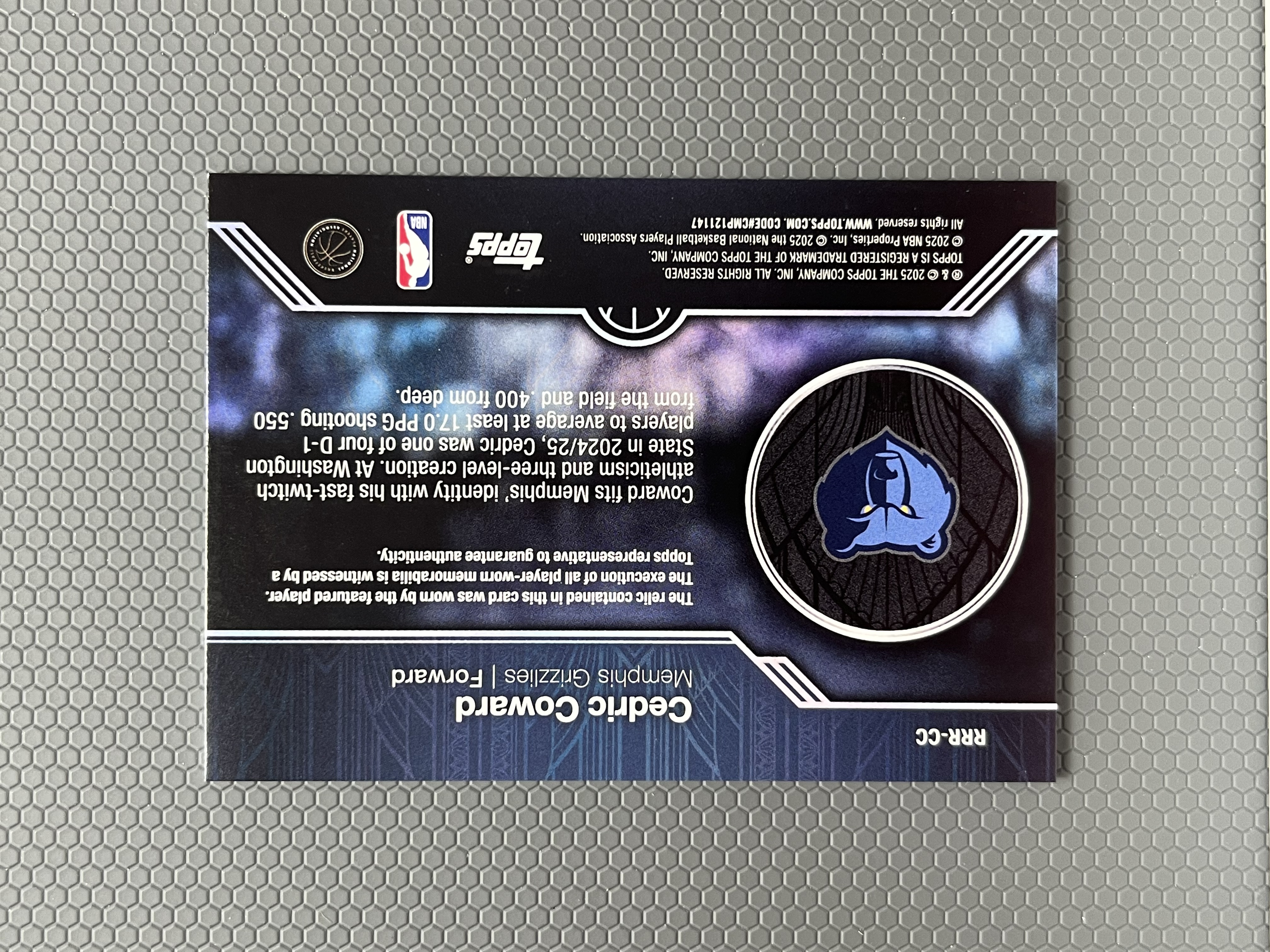 2025 Topps 新秀 塞德里克·科沃德 CEDRIC COWARD 灰熊 RC 球衣切割 物料 特卡 卡品如图-左