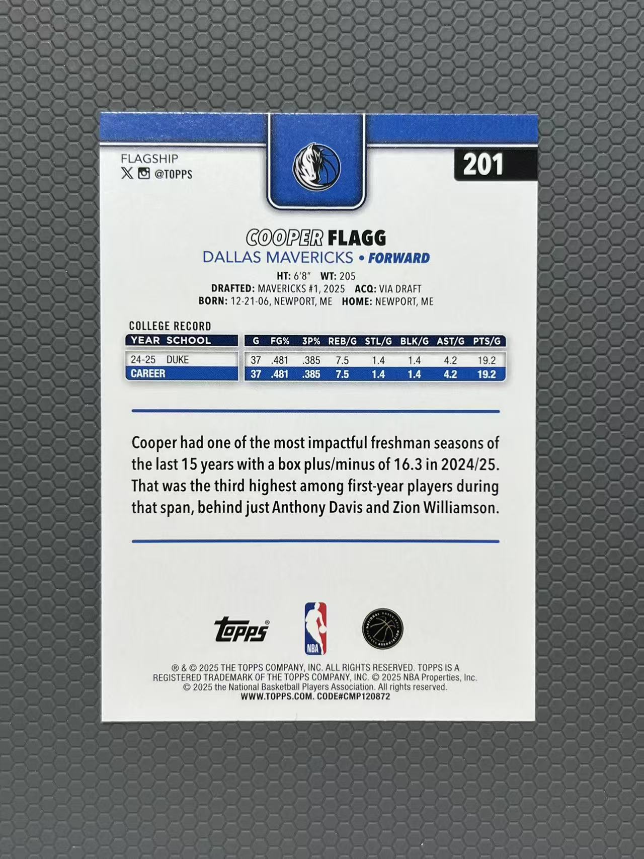 2025 Topps 库珀·弗拉格 COOPER FLAGG 独行侠 状元 新秀 RC 特卡 卡品如图-左