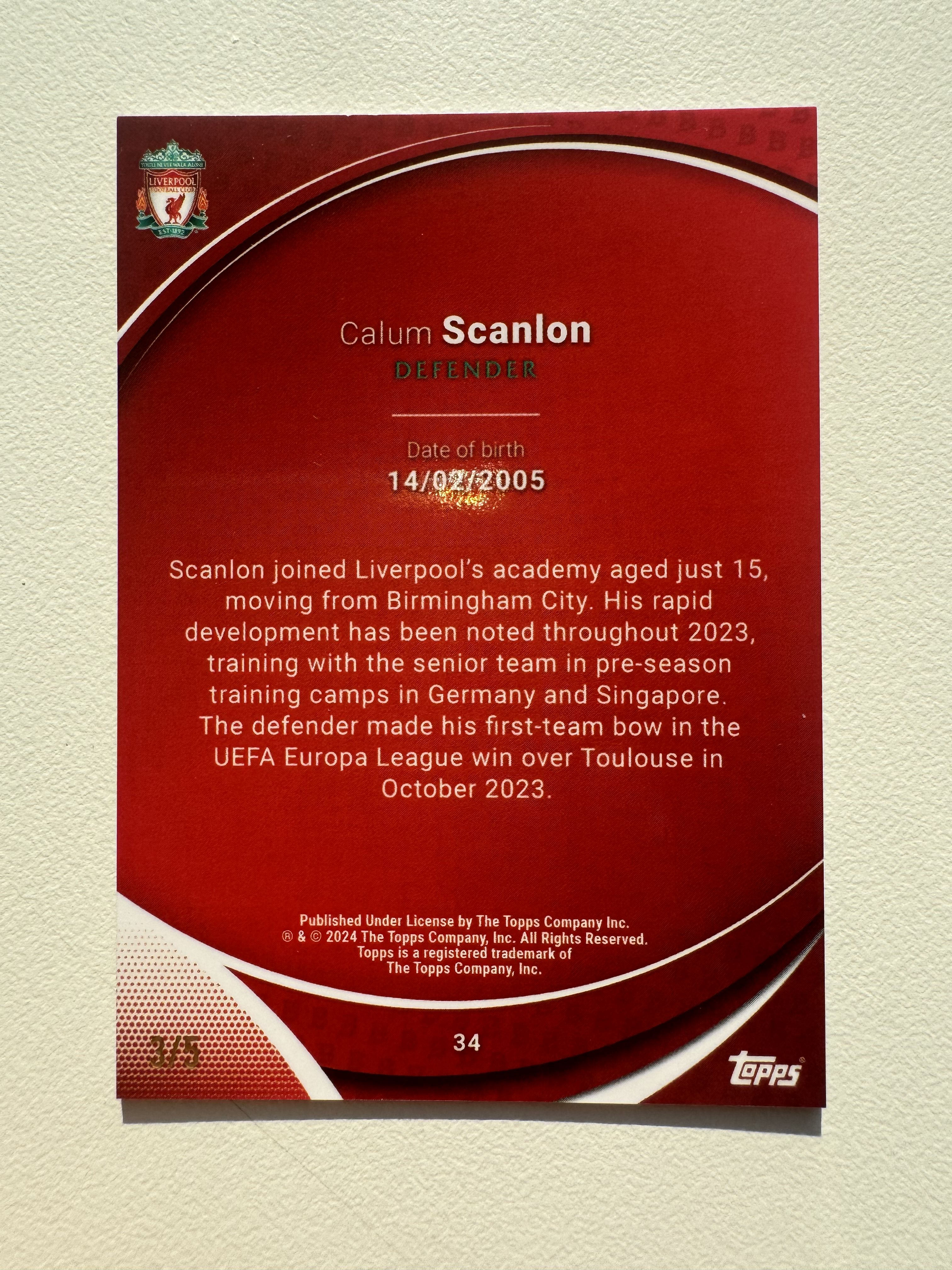 2024 Topps Chrome Calum Scanlon 利物浦队盒 卡勒姆 斯坎伦 红格子折 折射 5编 超低编 卡品如图 请看详情 ...