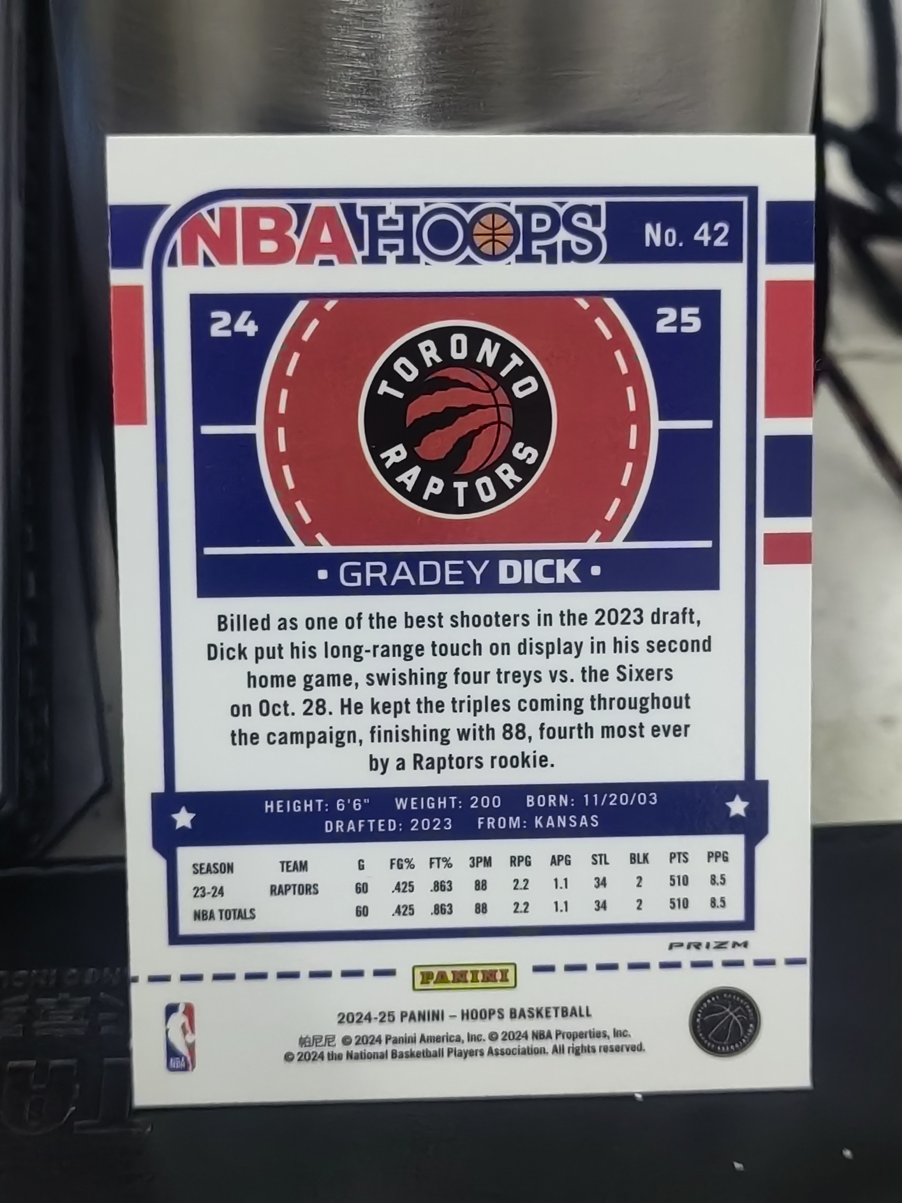 2024-25 Panini Hoops Gradey Dick Hoops 新秀 紫折 雪花折 格雷迪 迪克 猛龙 篮 白边白角 不保卡品 卡品如图