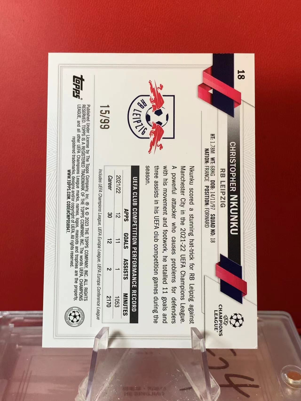 (詹叔代拍)2023 Topps UCC Christopher Nkunku 欧冠 碧玉 恩昆库 莱比锡红牛 切尔西 白玉折 15/99编 卡品如图 顺丰寄付 泰山