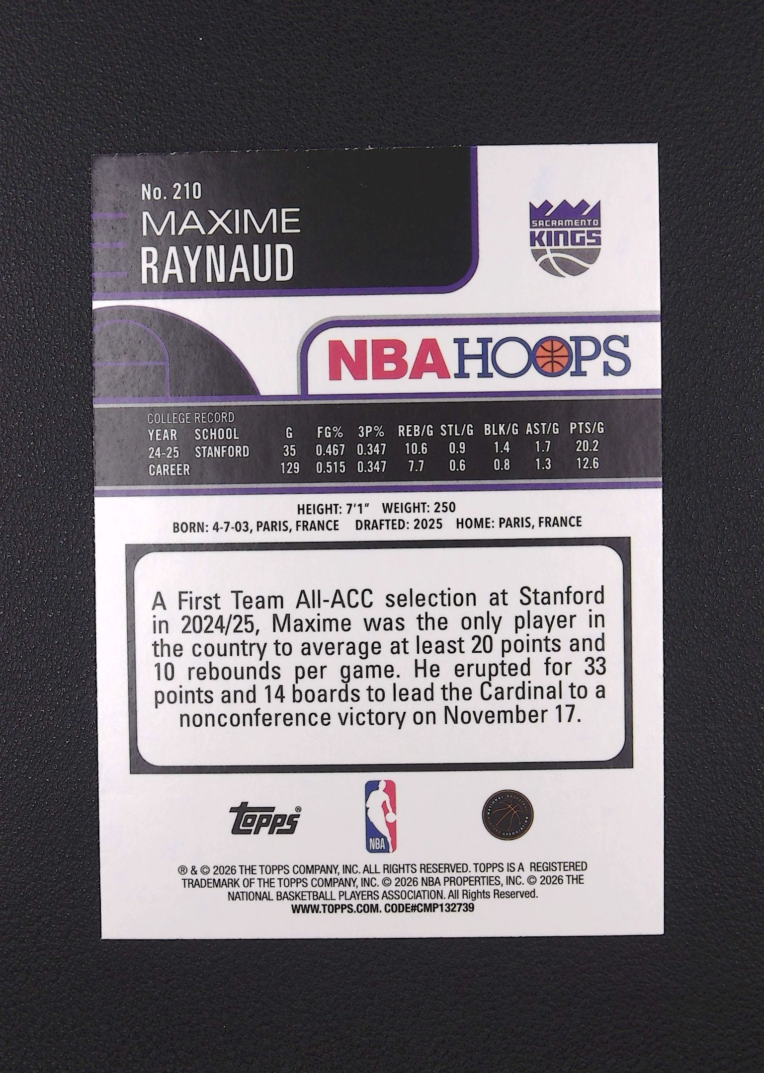 2026 Topps Hoops Maxime Raynaud RC 马克西姆 雷诺 新秀 绿折 国王【Big M 代拍】 AQ888