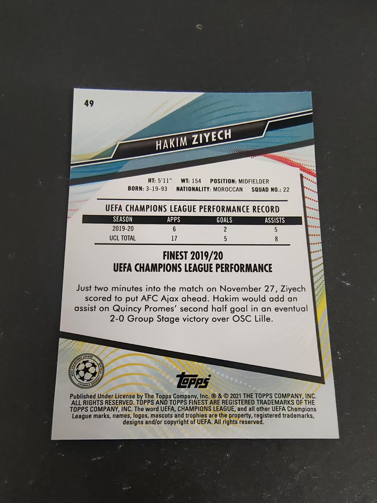 【可合并,不累计】2021 Topps Finest Hakim Ziyech 欧冠 切尔西 齐耶赫 划痕 边角瑕疵 #49