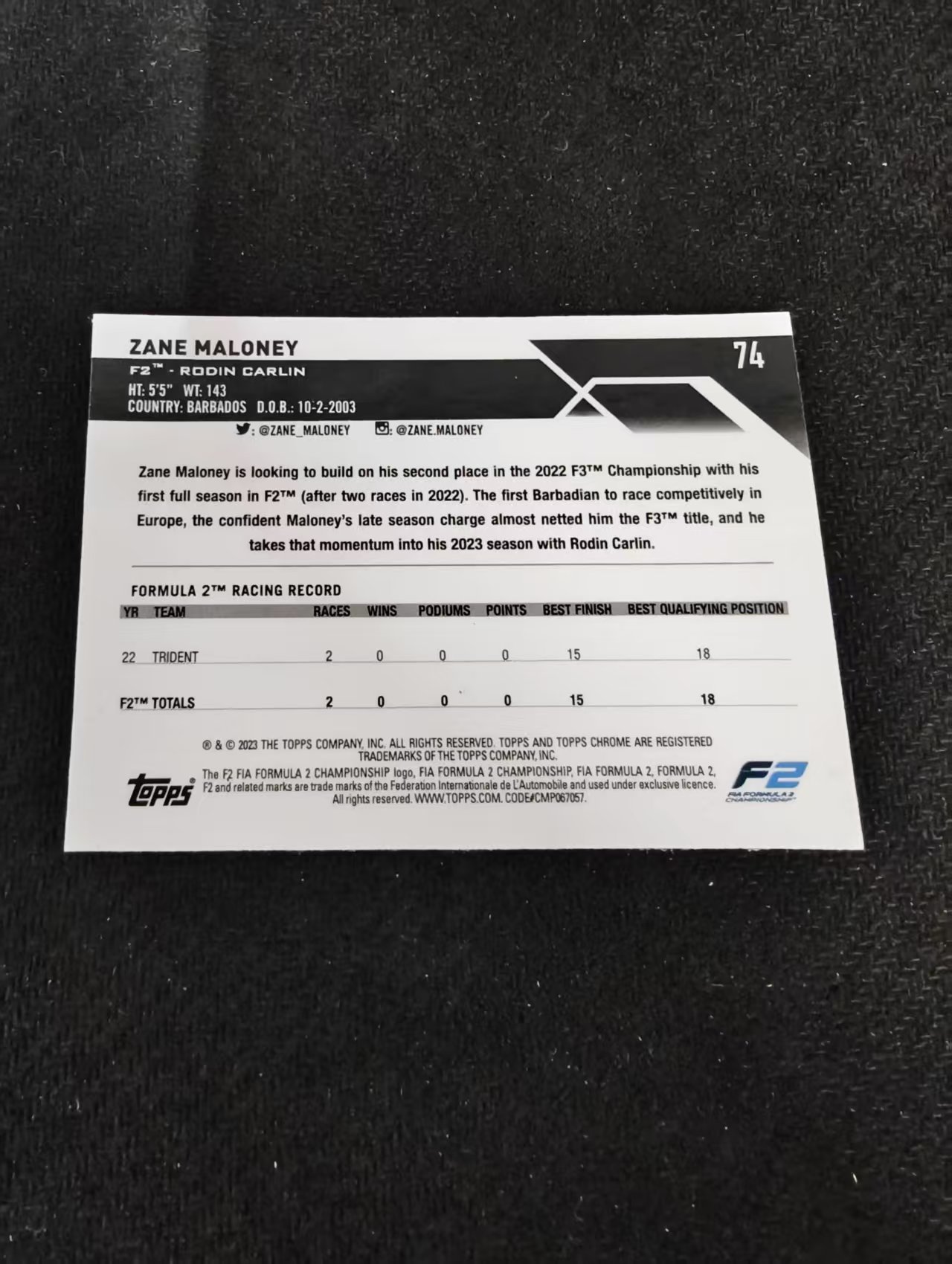 2023 Topps Chrome Zane Maloney 赞恩 马洛尼 F1 F2 划痕 边角瑕疵 #74
