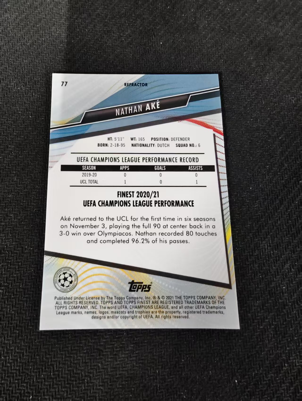 【可合并,不累计】2021 Topps finest Nathan Ake 纳坦 阿克 欧冠 曼城 银折 #77 划痕 边角瑕疵