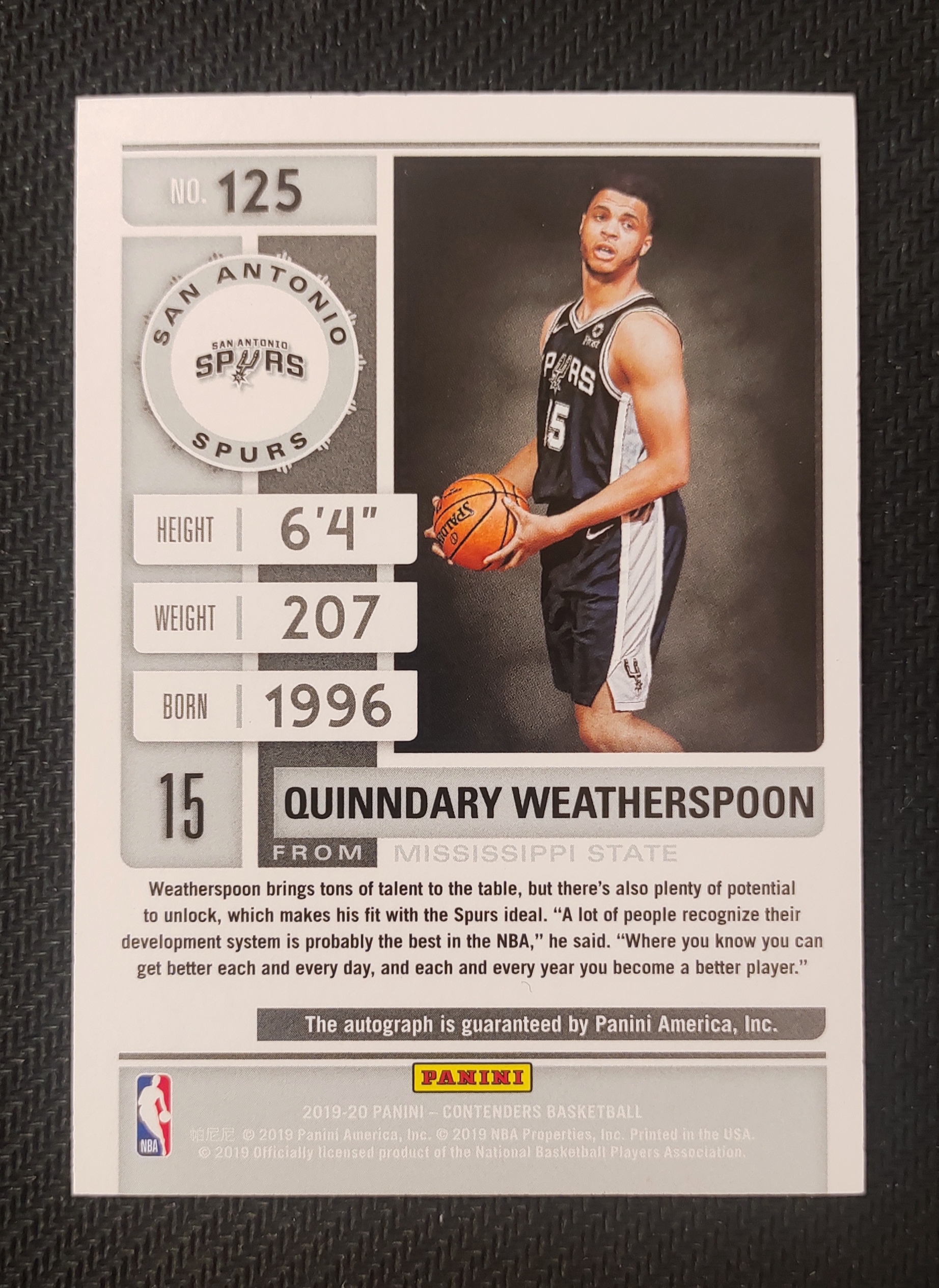 2019-20 Panini Contenders Quinndary Weatherspoon RC 奎因达里 韦瑟斯庞 马刺 新秀 球票 签字 卡签 CBA青岛名宿 杨瀚森同事 瑕疵如图