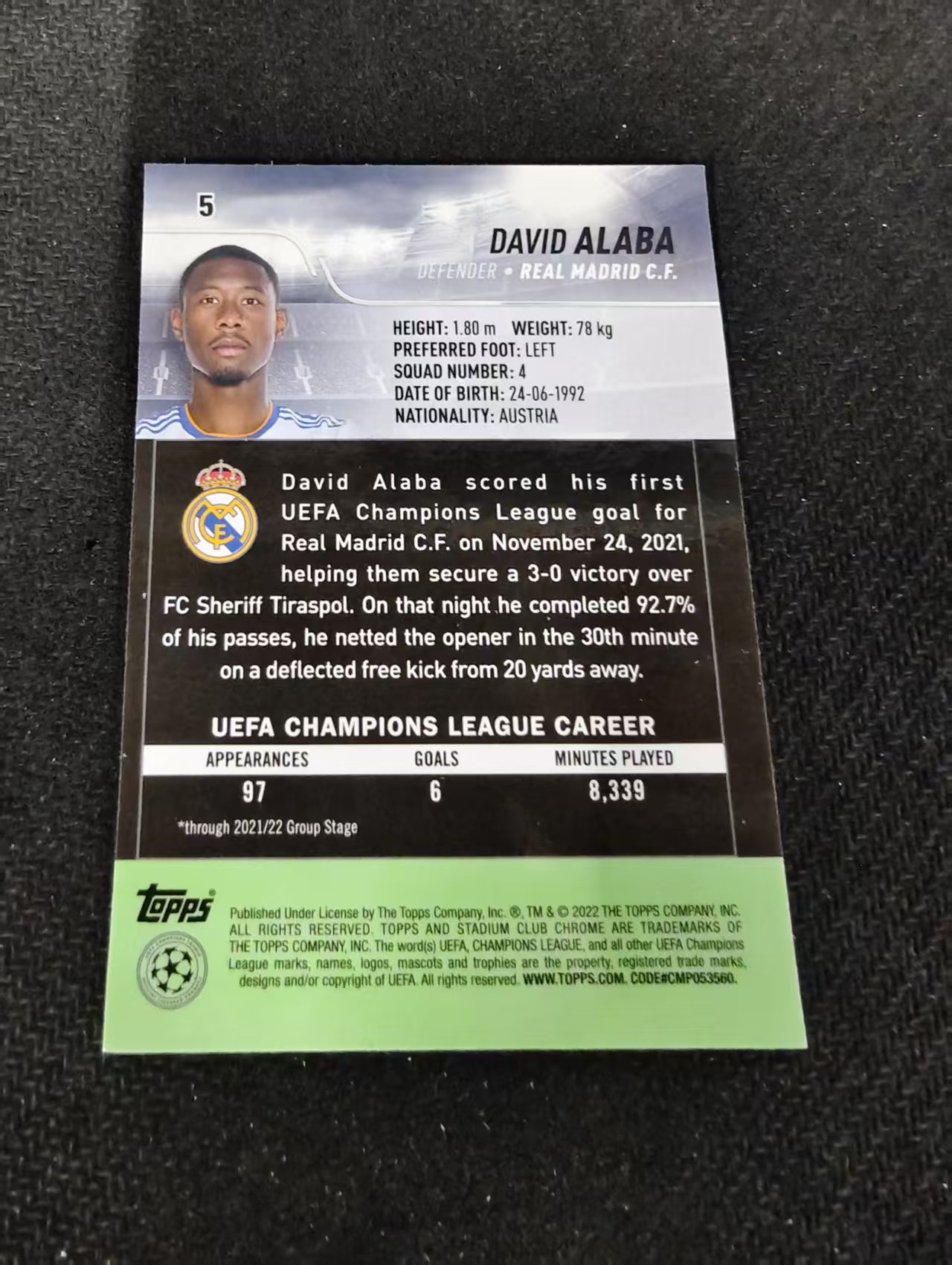 【可合并,不累计】 2022 Topps Stadium Club David Alaba 大卫 阿拉巴 皇马 竞技场 欧冠 不保卡品 介意勿拍 #5