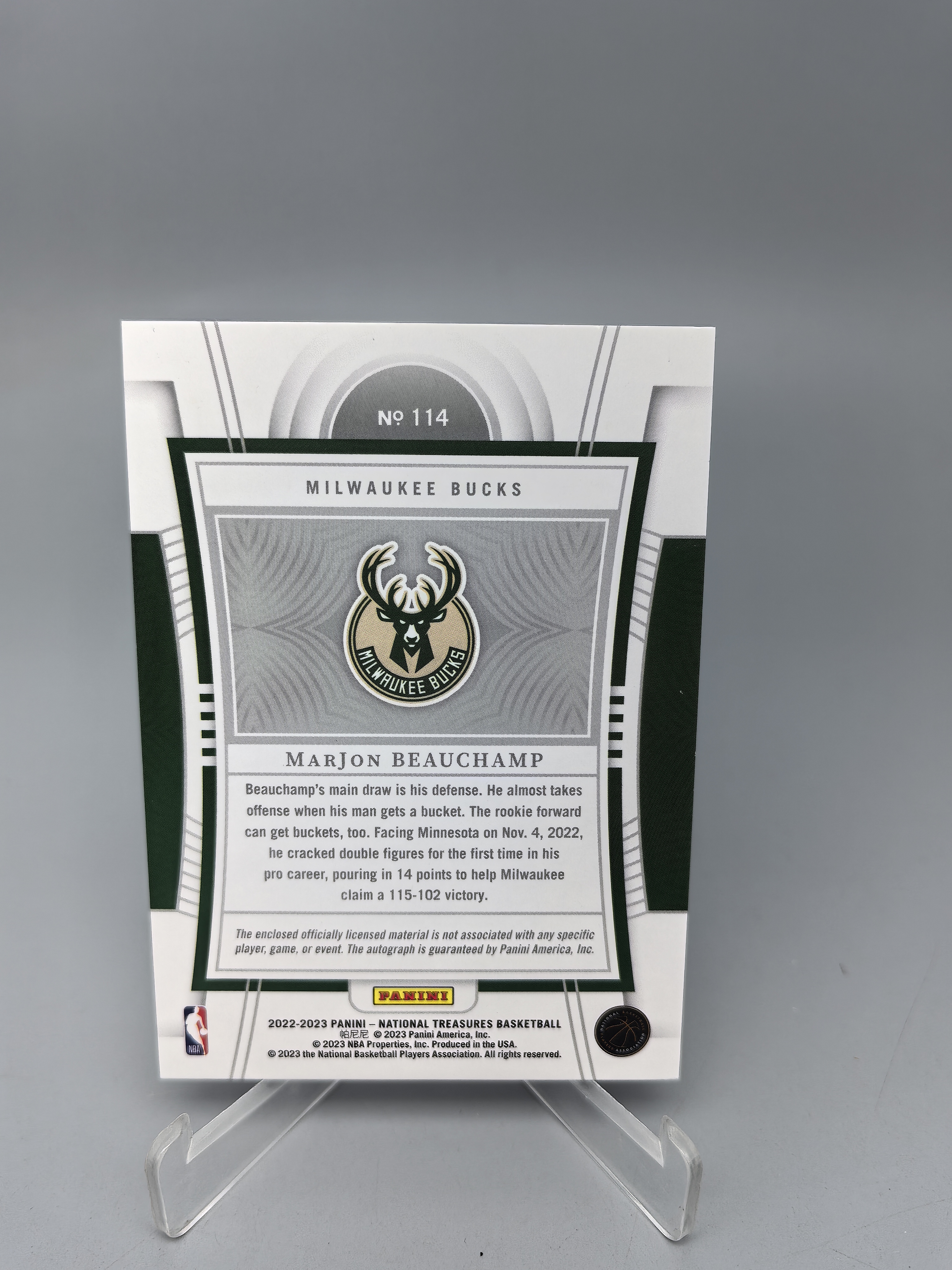 【坚果卡牌代拍】2022-23 Panini National Treasures MarJon Beauchamp RC 尼克斯雄鹿队新秀 马乔恩比彻姆 博尚 99编国宝正RPA 阿顺1027