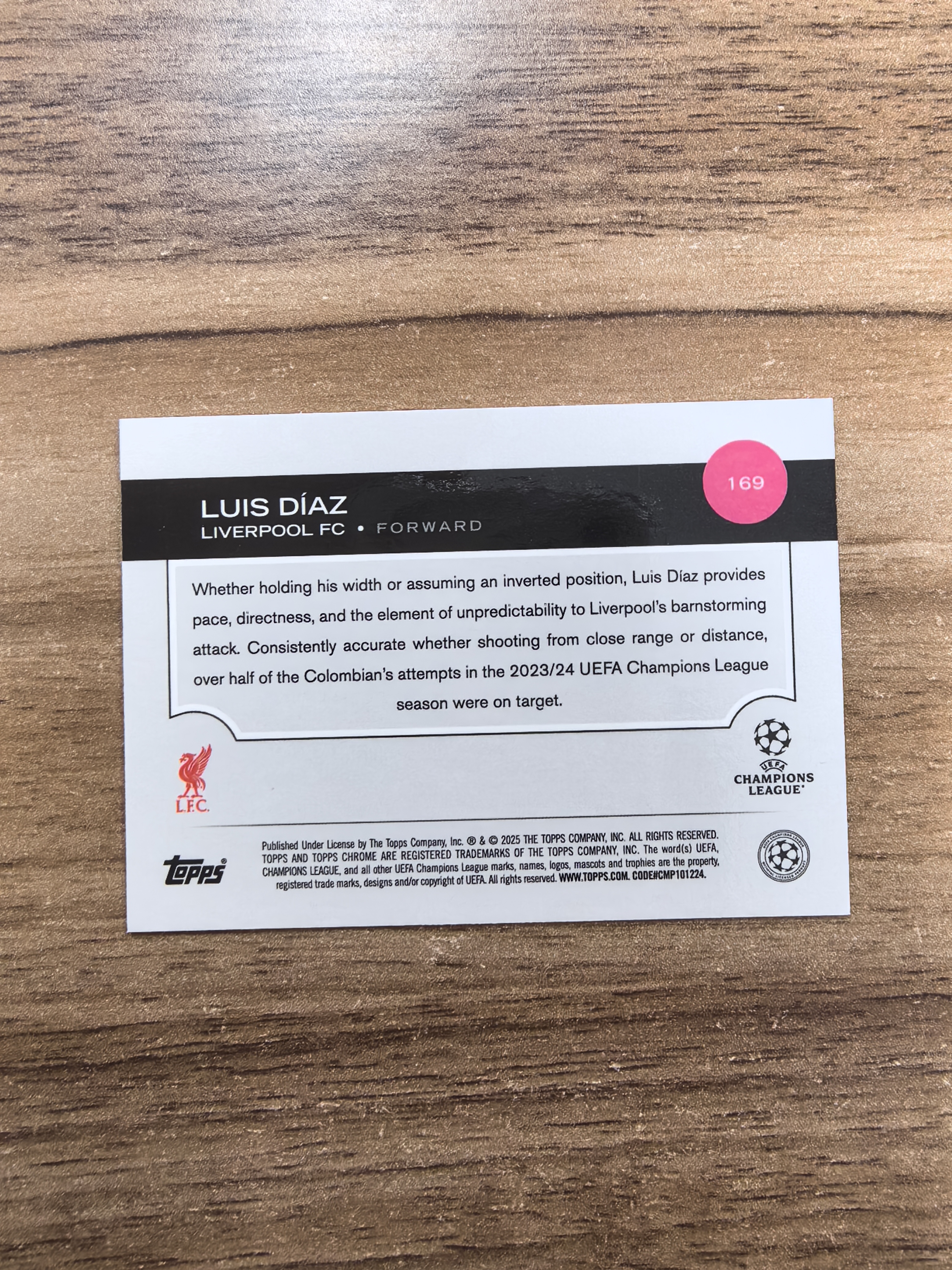 2024-25 Topps Chrome LUIS DIAZ 欧冠 利物浦 路易斯迪亚斯 028/250编 粉折 折射 微瑕 实卡精美 卡品如图 收藏必入 流浪