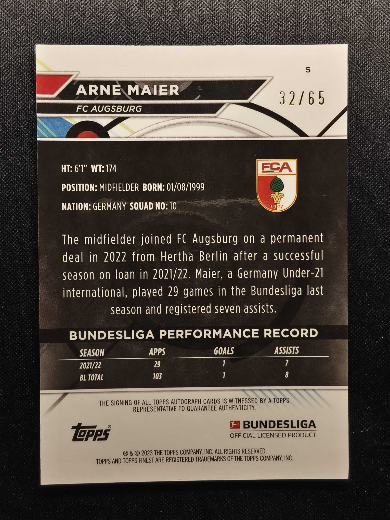 2023 Topps Finest Arne Maier 欧冠 迈尔 蓝折 65编 签字 卡品如图 专收凑套 人生得E
