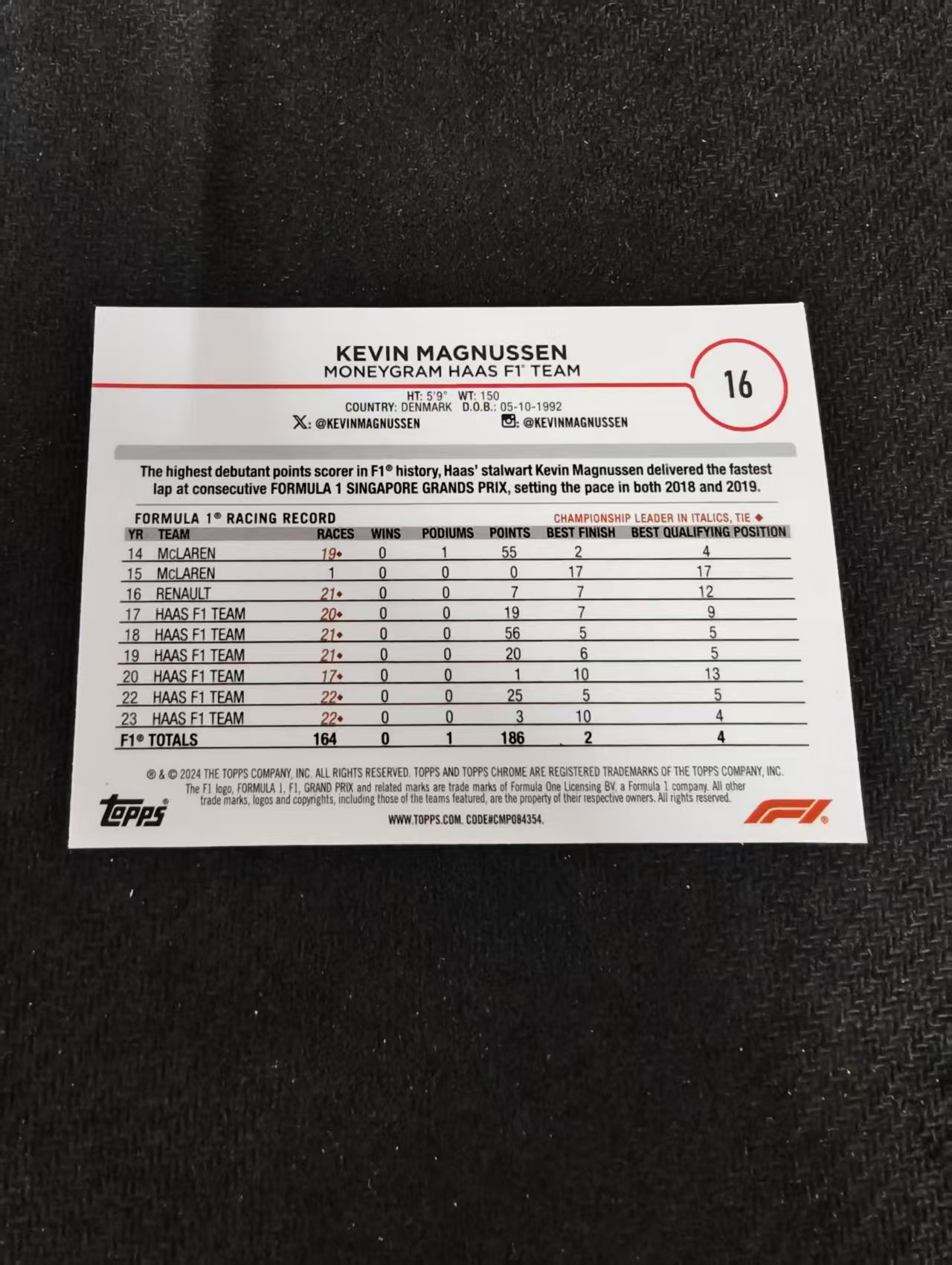 2024 topps chrome F1 kevin magnussen 哈斯车队 凯文 马格努森 划痕 边角瑕疵 #16