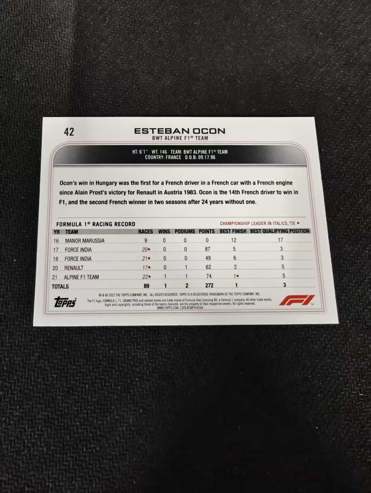 2022 Topps Chrome Esteban Ocon F1 阿尔滨车队 埃斯特班 奥康 划痕 边角瑕疵 @42