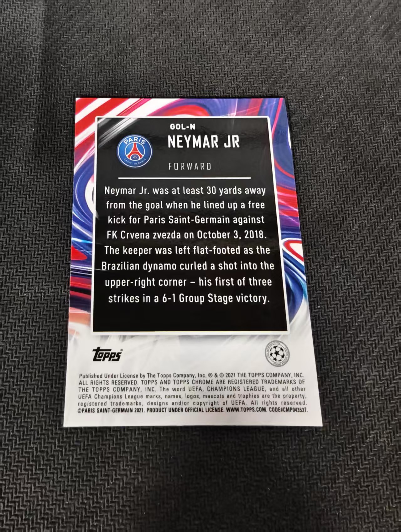 【可合并,不累计】2021 Topps Chrome Neymar Jr. 欧冠 巴黎圣日耳曼 内马尔 内少 golazo 特卡 银折 划痕 边角瑕疵