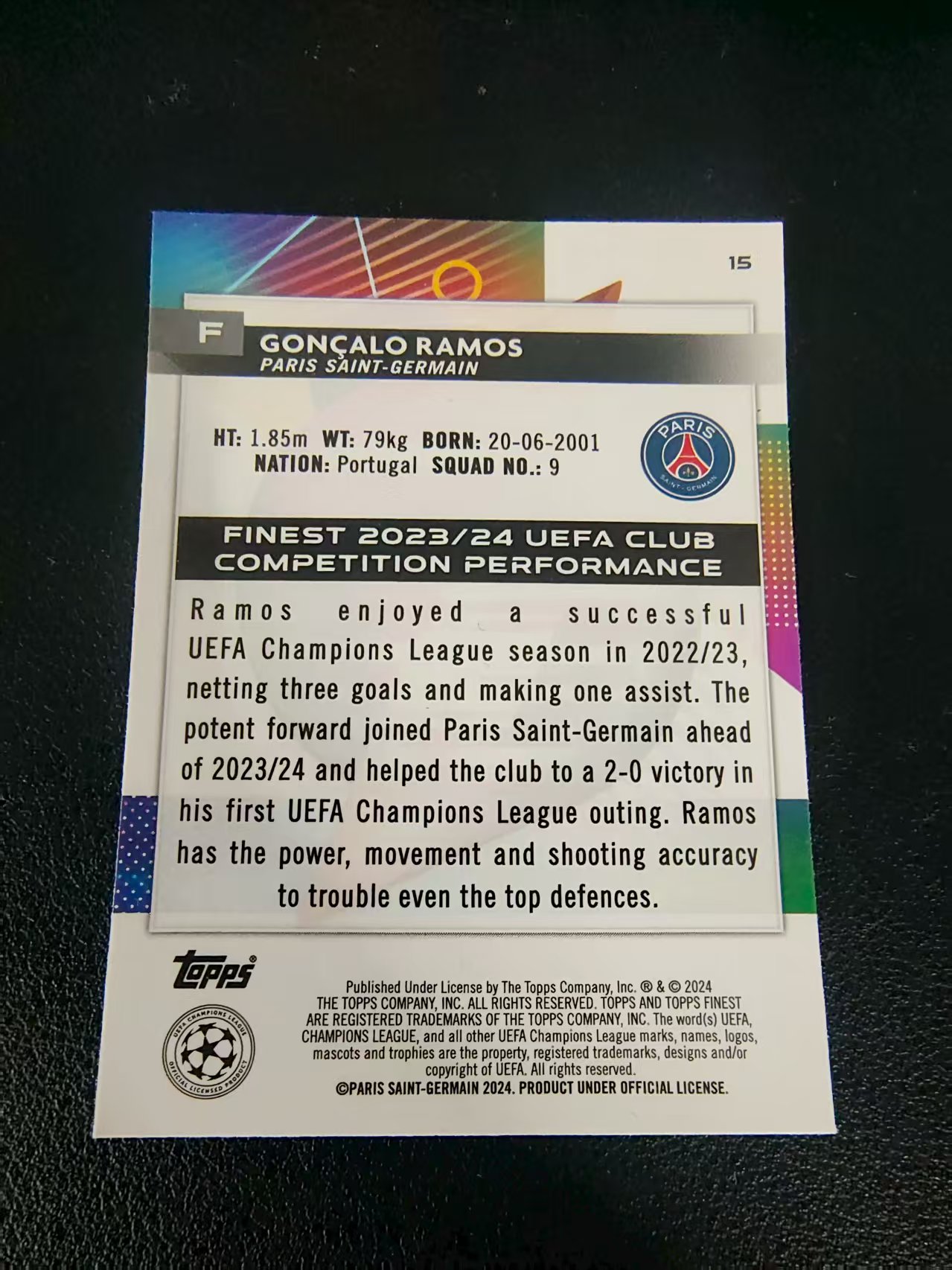 【可合并,不累计】2024 Topps Finest Goncalo Ramos 贡萨洛 拉莫斯 巴黎圣日耳曼 葡萄牙 欧冠 划痕 边角瑕疵 #15