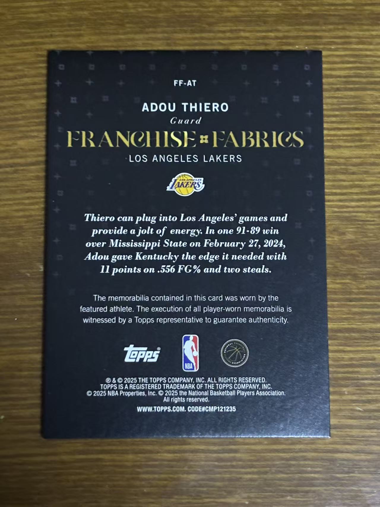 2025 Topps flagship Adou Thiero RC 【磊子球星卡】新秀 亲穿 球衣切割 物料 阿杜 蒂耶罗 湖人 勒布朗詹姆斯东契奇同事 瑕疵如图