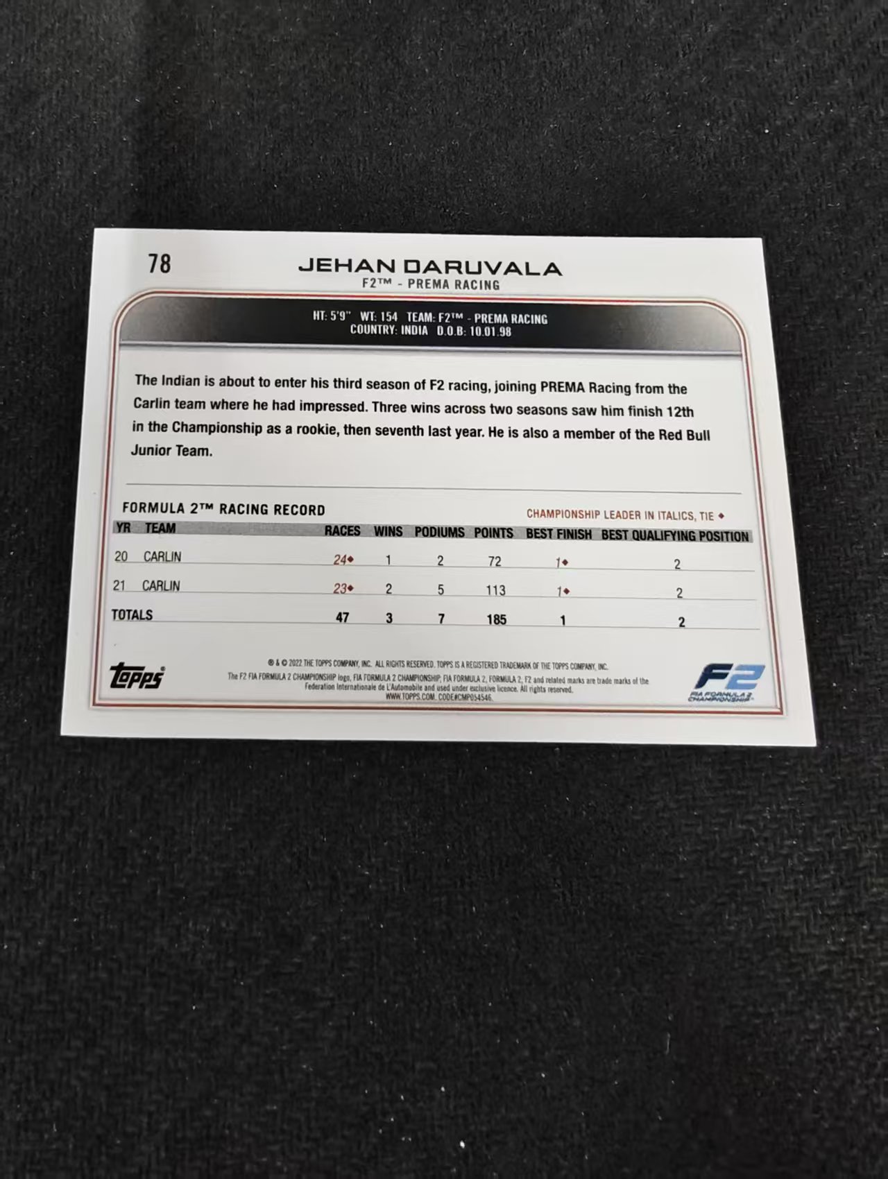 2022 Topps Chrome F1 Jehan Daruvala 杰汉 达鲁瓦拉 F2 黑白棋盘 划痕 边角瑕疵@78