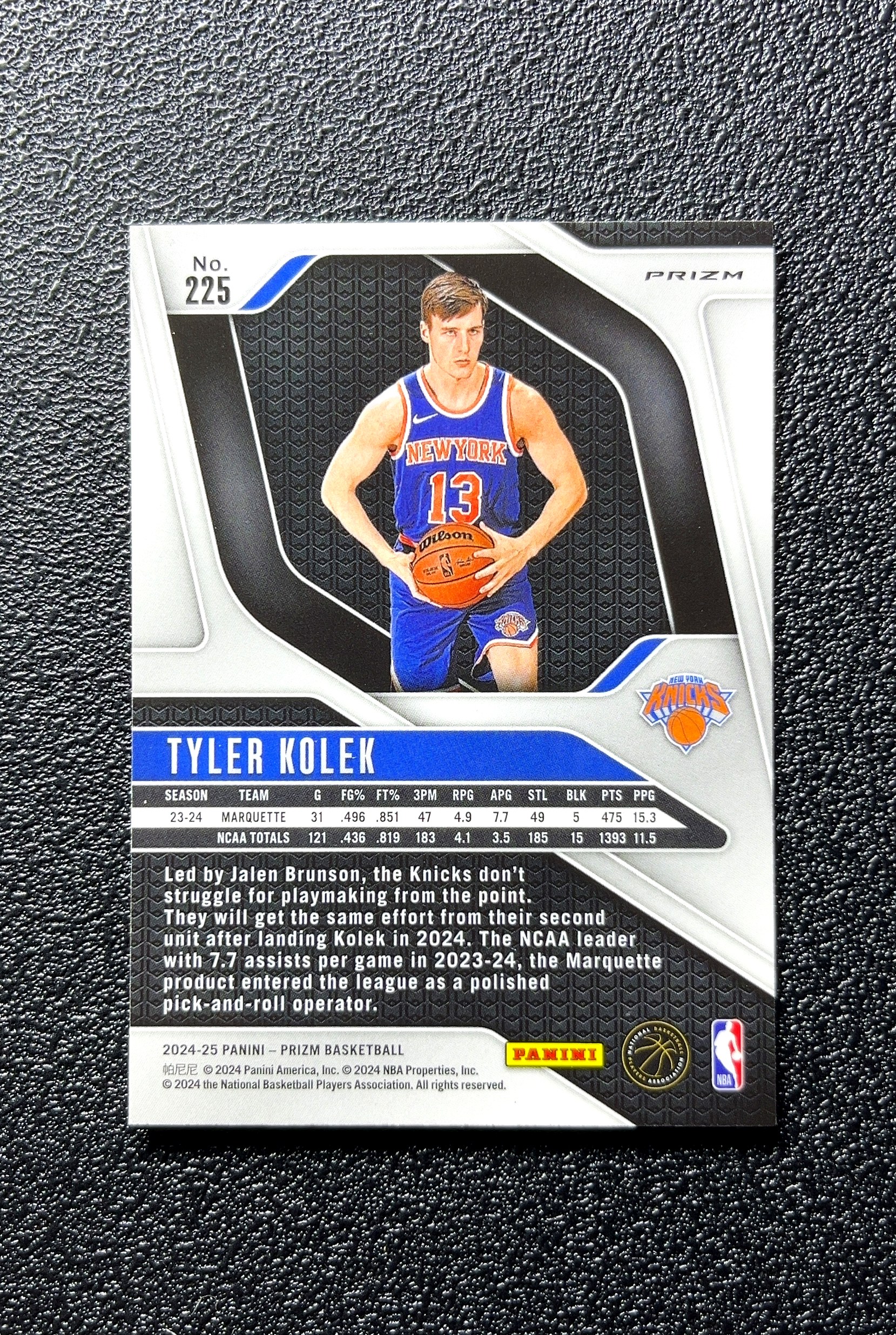 【小白1%代卖】2024-25 Panini Prizm RC 新秀 Tyler Kolek 泰勒·科莱克 银折 折射 新秀 RC 卡品如图 高价值 #225 New York 0712