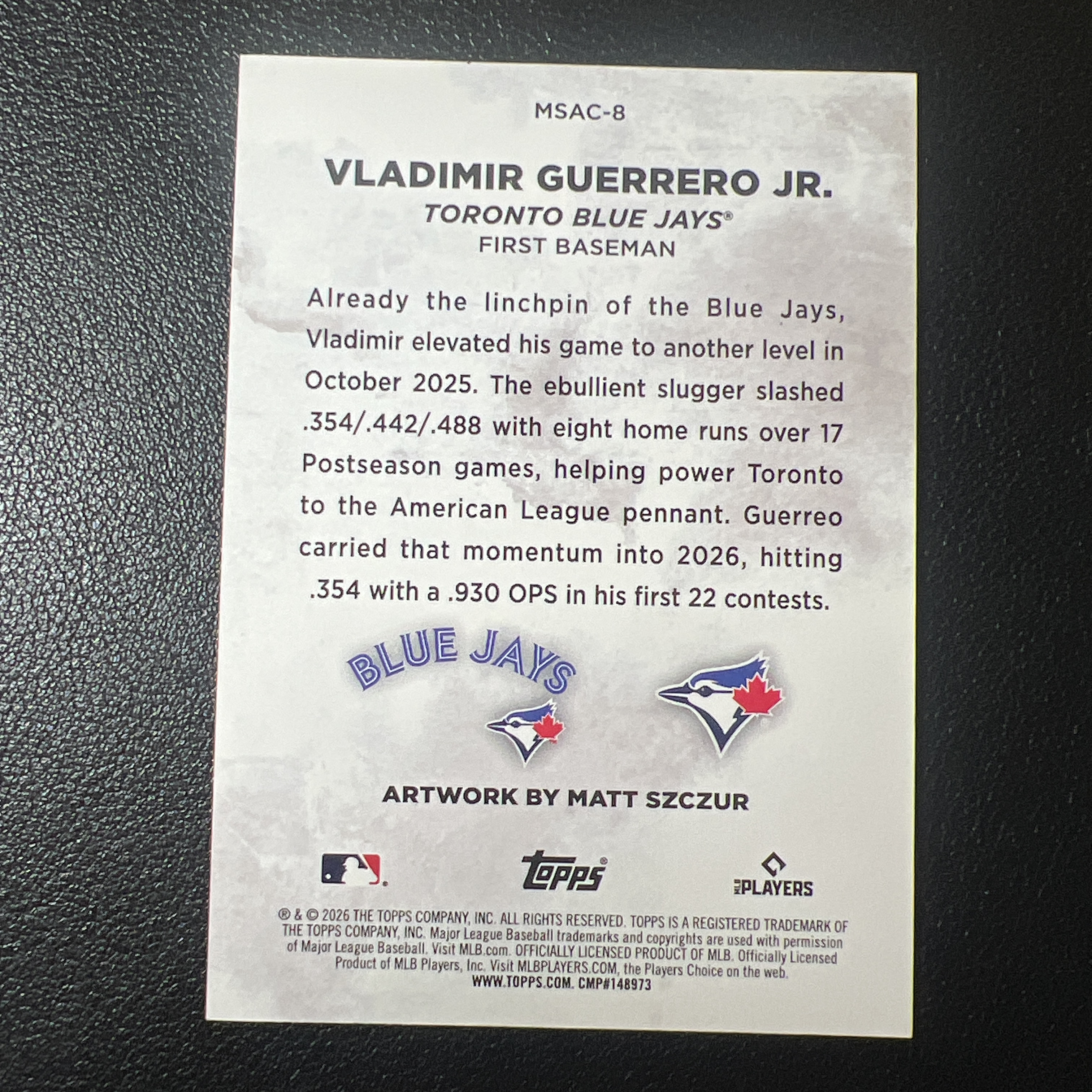 【鲨鱼代卖】2026 Topps Update Series 棒球 Vladimir Guerrero Jr. 小格雷罗 多伦多蓝鸟 Matt Szczur Art 艺术特卡 插画 超大比例 SSP 1:3968 细节看图 FY3102