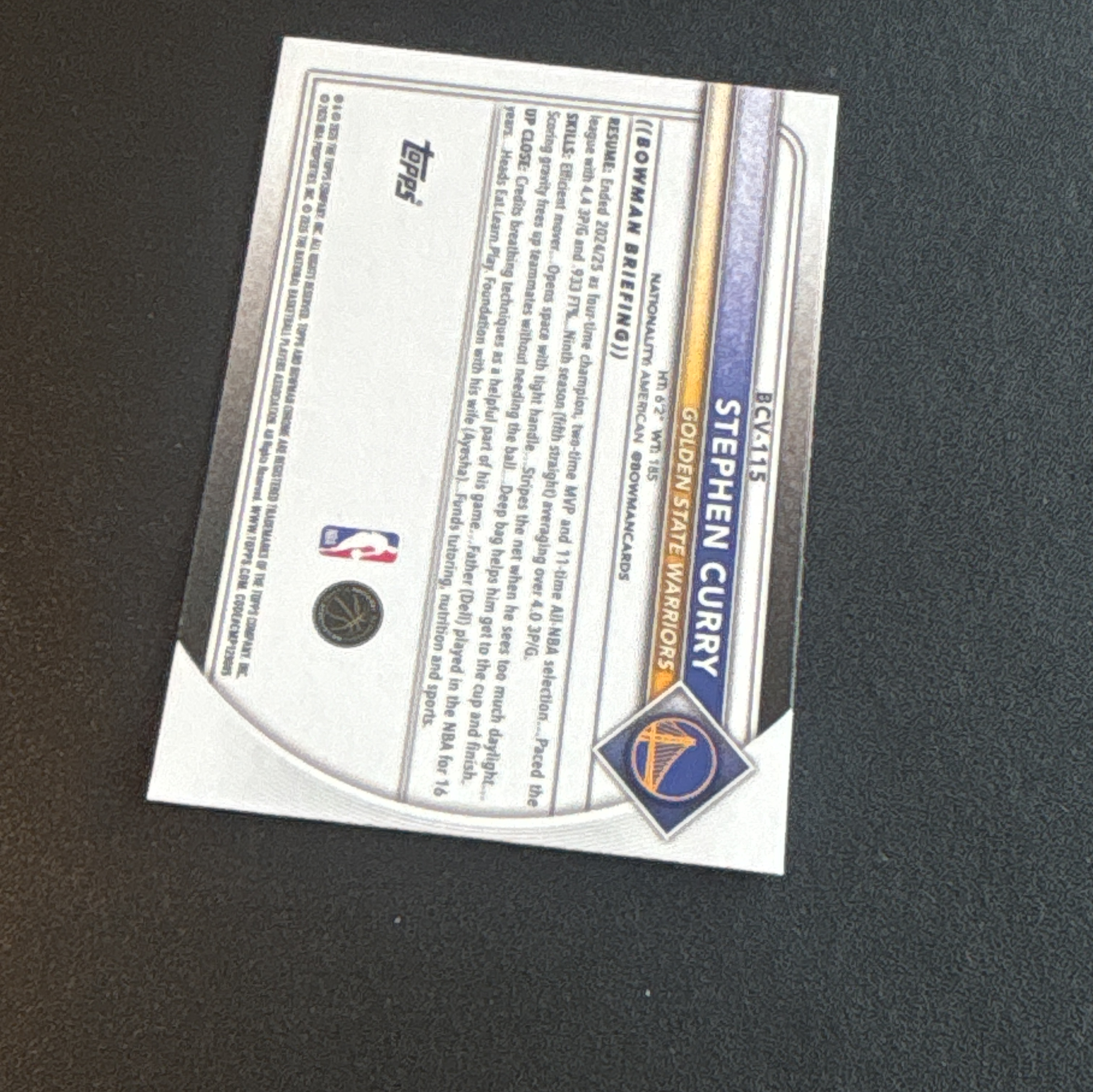 2025 Topps Bowman Stephen Curry 【小柴拍卖】斯蒂芬 库里 勇士 折射 chrome 侠客01