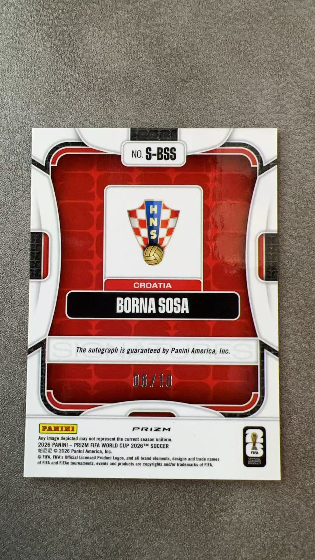 7883【330球星卡实体店代卖】2026 帕尼尼 PRIZM WORLD CUP 世界杯 Borna Sosa 博尔纳 索萨 克罗地亚 金折 06/10 低编 签字 AUTO (RT)