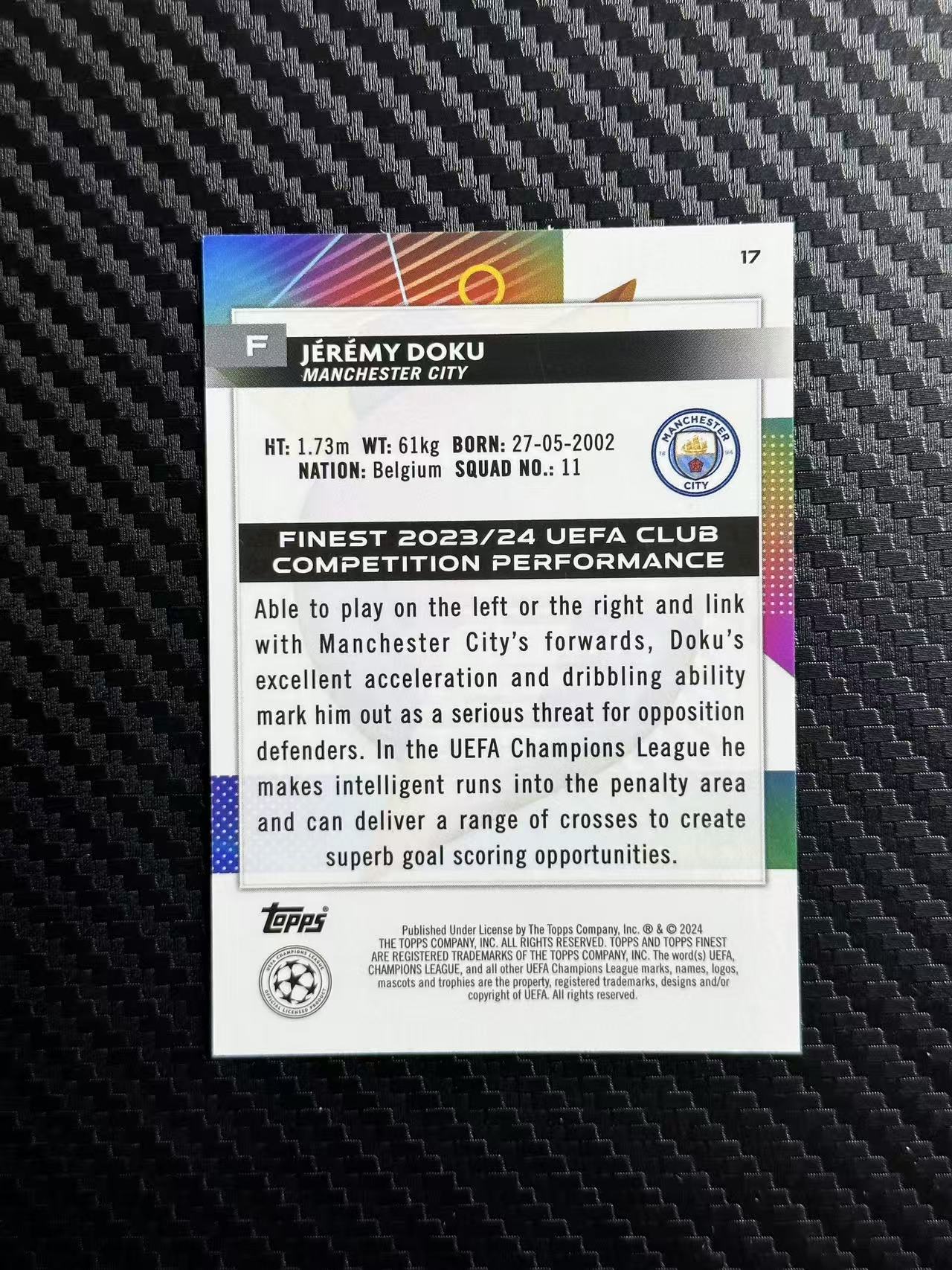 2024 Topps Finest JEREMY DOKU 欧战 曼城 多库 银折 摩天轮折 075/135编 卡品如图 拍前看描述