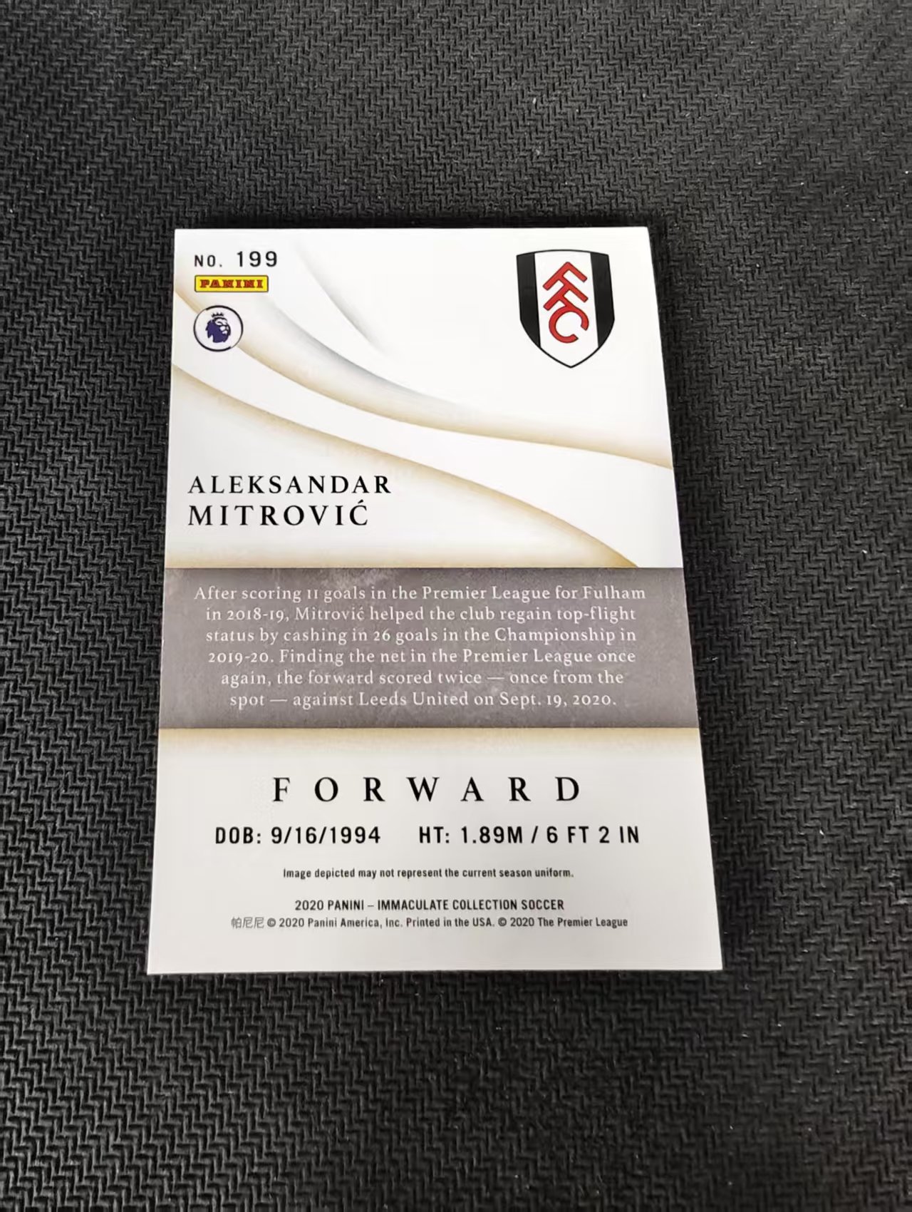 【可合并,不累计】2020 Panini Immaculate Aleksandar Mitrovic 爱咪咪 富勒姆 米特洛维奇 /99编 边角瑕疵