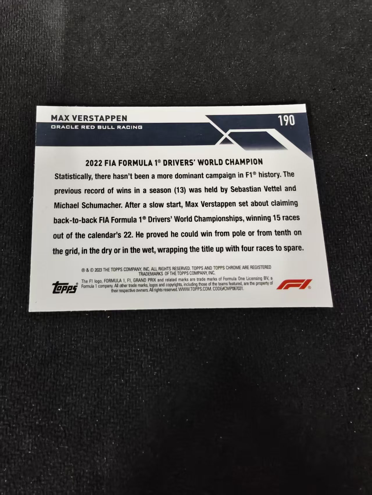 2023 Topps Chrome F1 Max Verstappen 维斯塔潘 红牛 划痕 边角瑕疵 #190