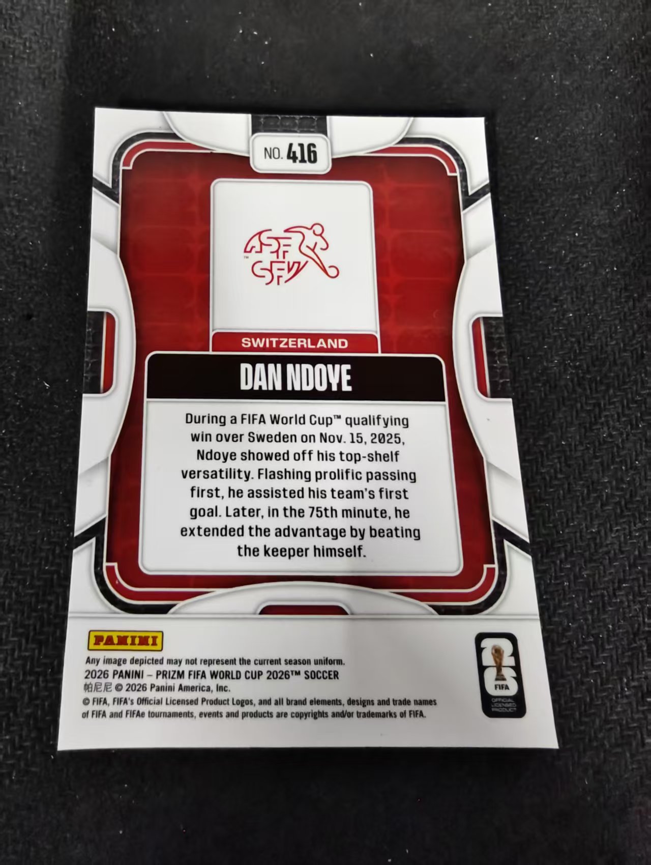 2026 Panini World Cup Prizm Dan Ndoye 世界杯PZ 瑞士 丹恩多耶 PZ世界杯 划痕 边角瑕疵#416